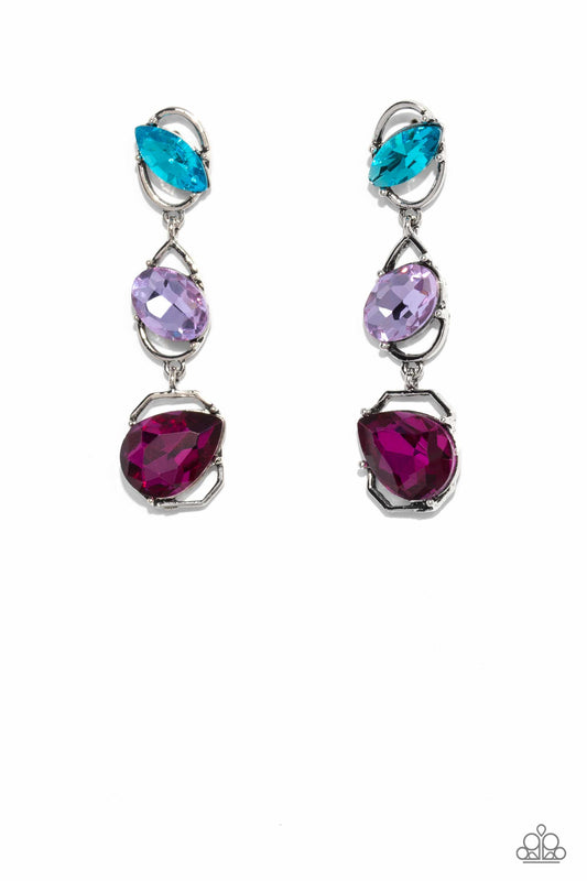Paparazzi Accessories Dimensional Dance - Multi Linking together to create a geometric lure, a sleek silver oval, teardrop, and emerald-cut frame cascade down the ear. Slanted sideways in pronged settings across each frame, a fuchsia teardrop, purple oval