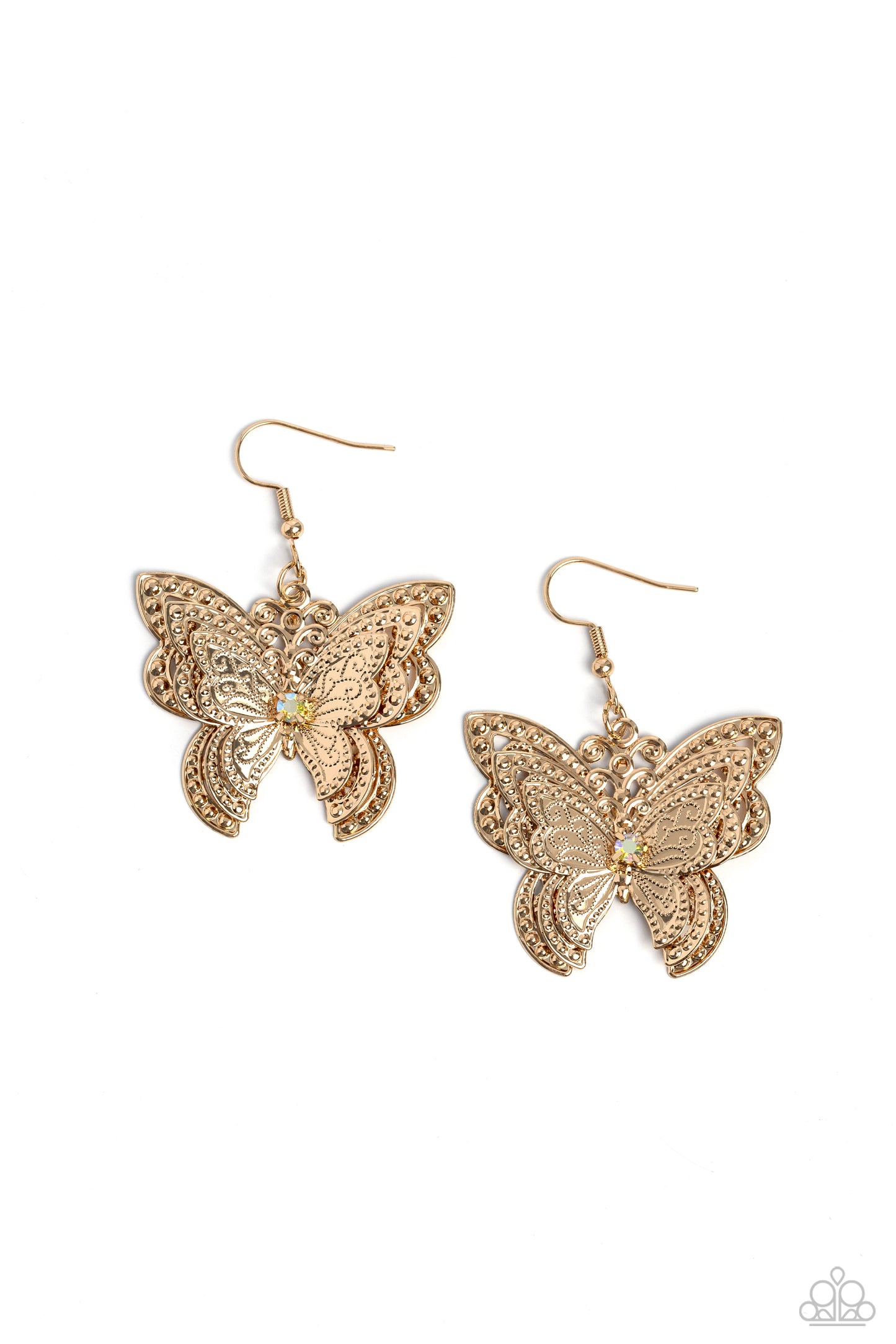 Paparazzi Accessories Layered Launch - Multi A whimsical 3D butterfly, with ornate details and textures, elegantly increases in size to create a three-layered high-sheen gold lure. An iridescent gem is nestled at the center of the butterfly's wings, creat