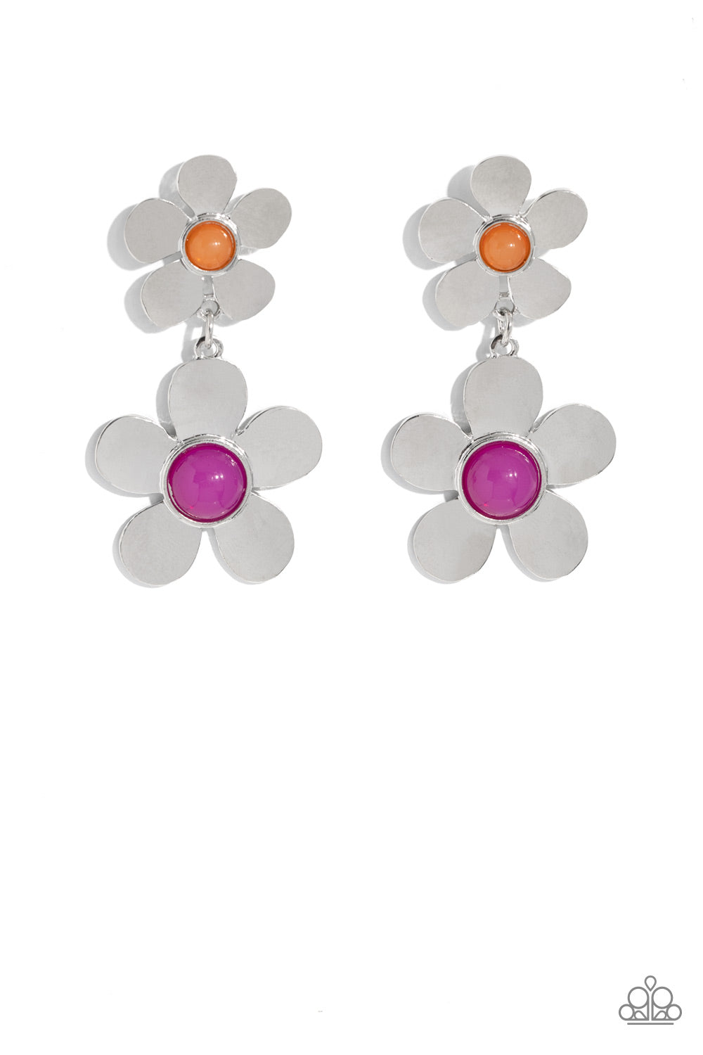Paparazzi Accessories Fashionable Florals - Pink Sleek silver flowers featuring glassy orange and Rose Violet beaded centers gradually increase in size as they fall from the ear, infusing the sophisticated design with whimsical movement. Earring attaches