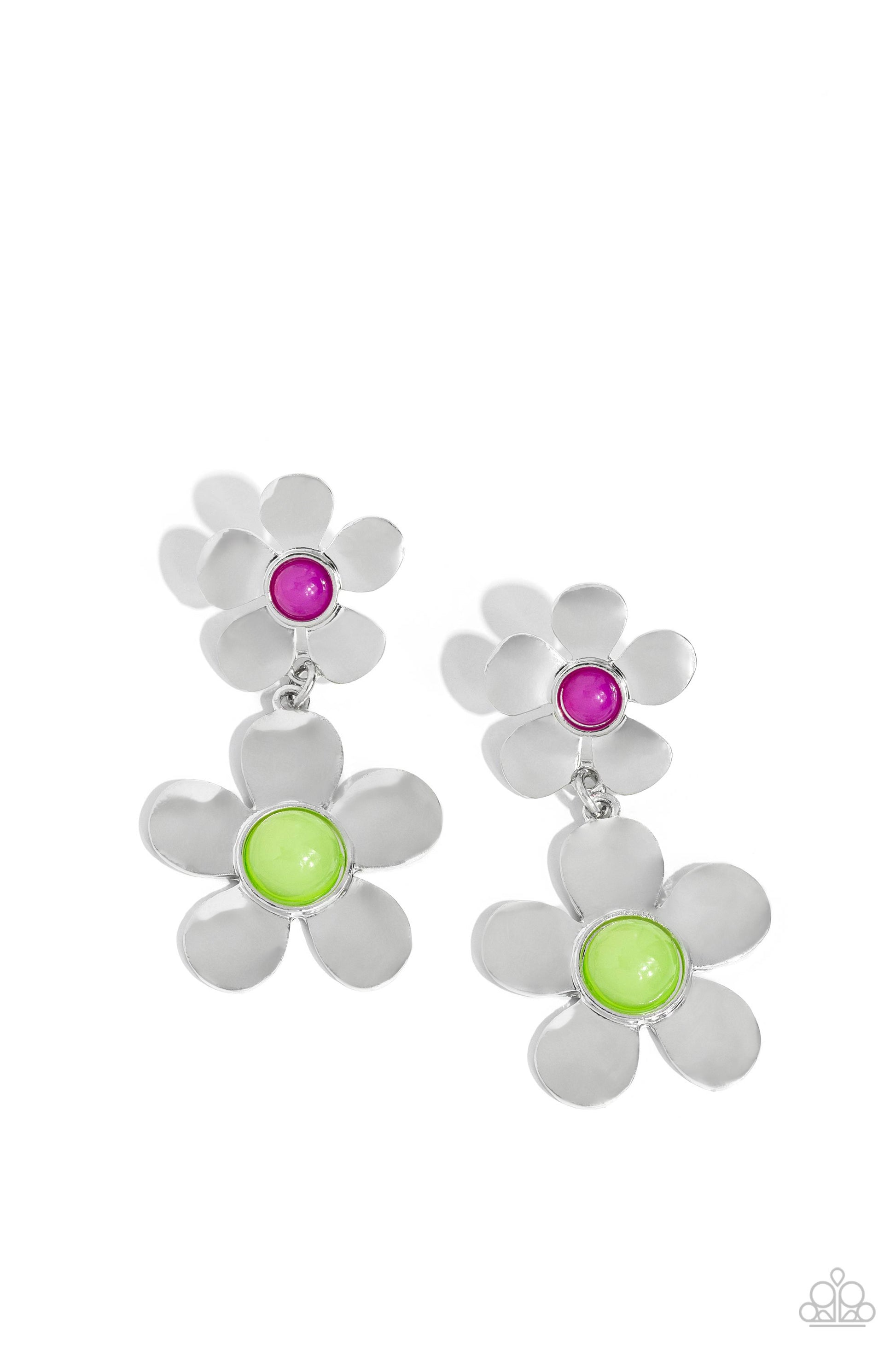 Paparazzi Accessories Fashionable Florals - Green Sleek silver flowers featuring glassy orchid and pale green beaded centers gradually increase in size as they fall from the ear, infusing the sophisticated design with whimsical movement. Earring attaches