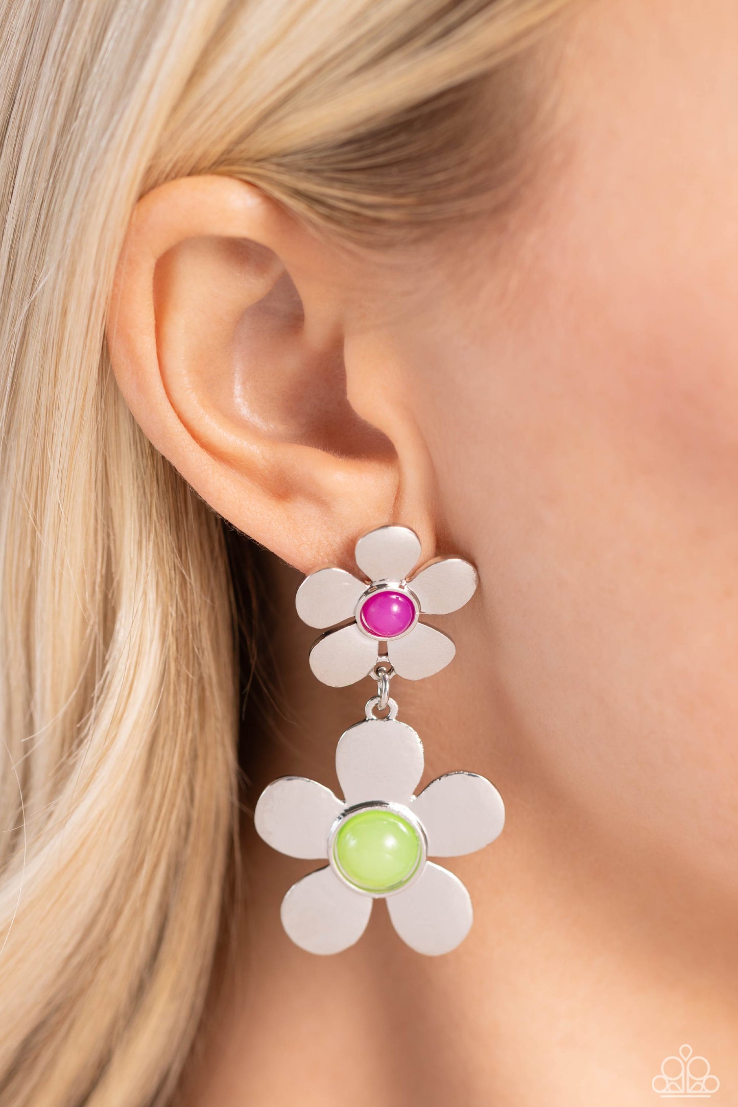 Paparazzi Accessories Fashionable Florals - Green Sleek silver flowers featuring glassy orchid and pale green beaded centers gradually increase in size as they fall from the ear, infusing the sophisticated design with whimsical movement. Earring attaches