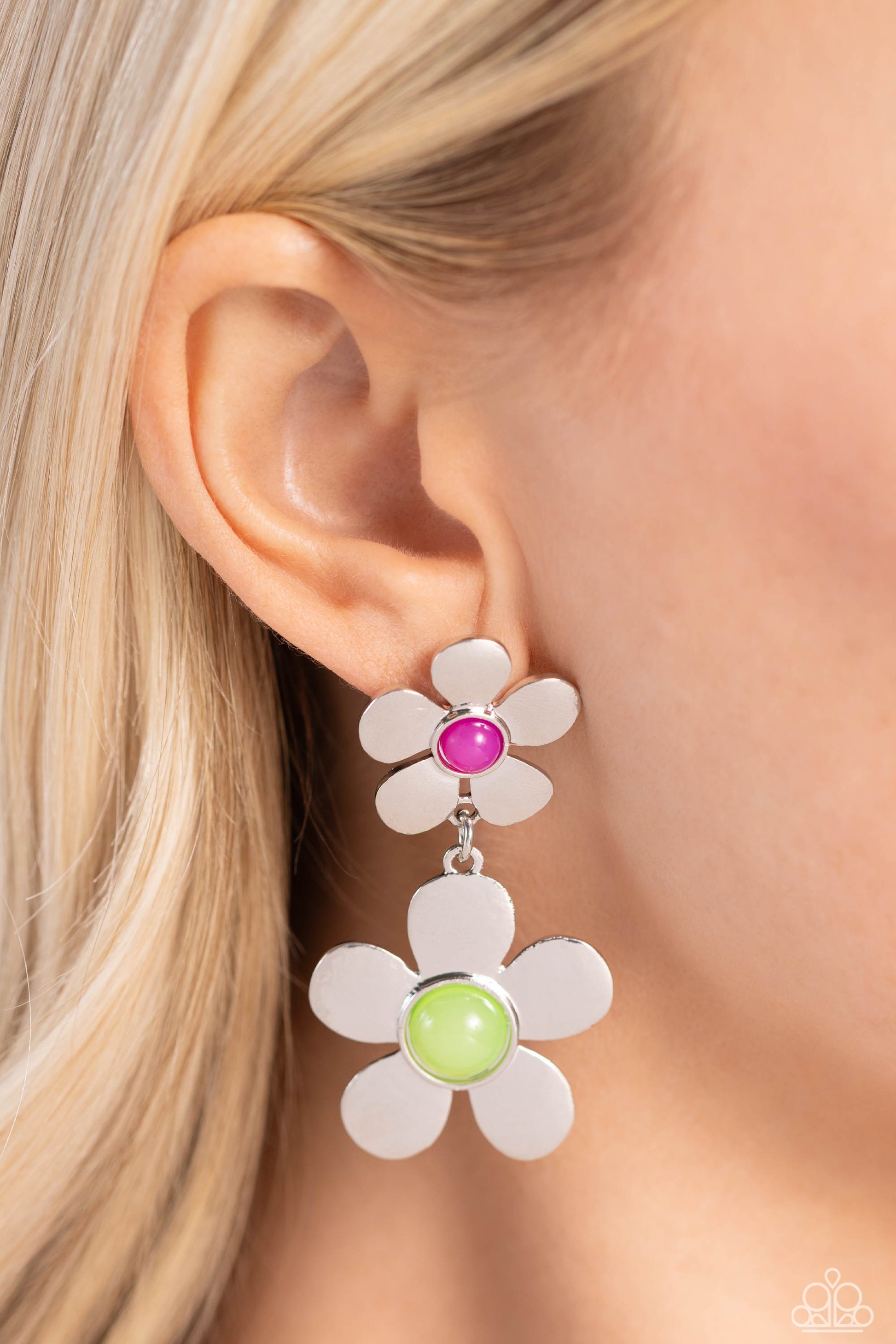 Paparazzi Accessories Fashionable Florals - Green Sleek silver flowers featuring glassy orchid and pale green beaded centers gradually increase in size as they fall from the ear, infusing the sophisticated design with whimsical movement. Earring attaches