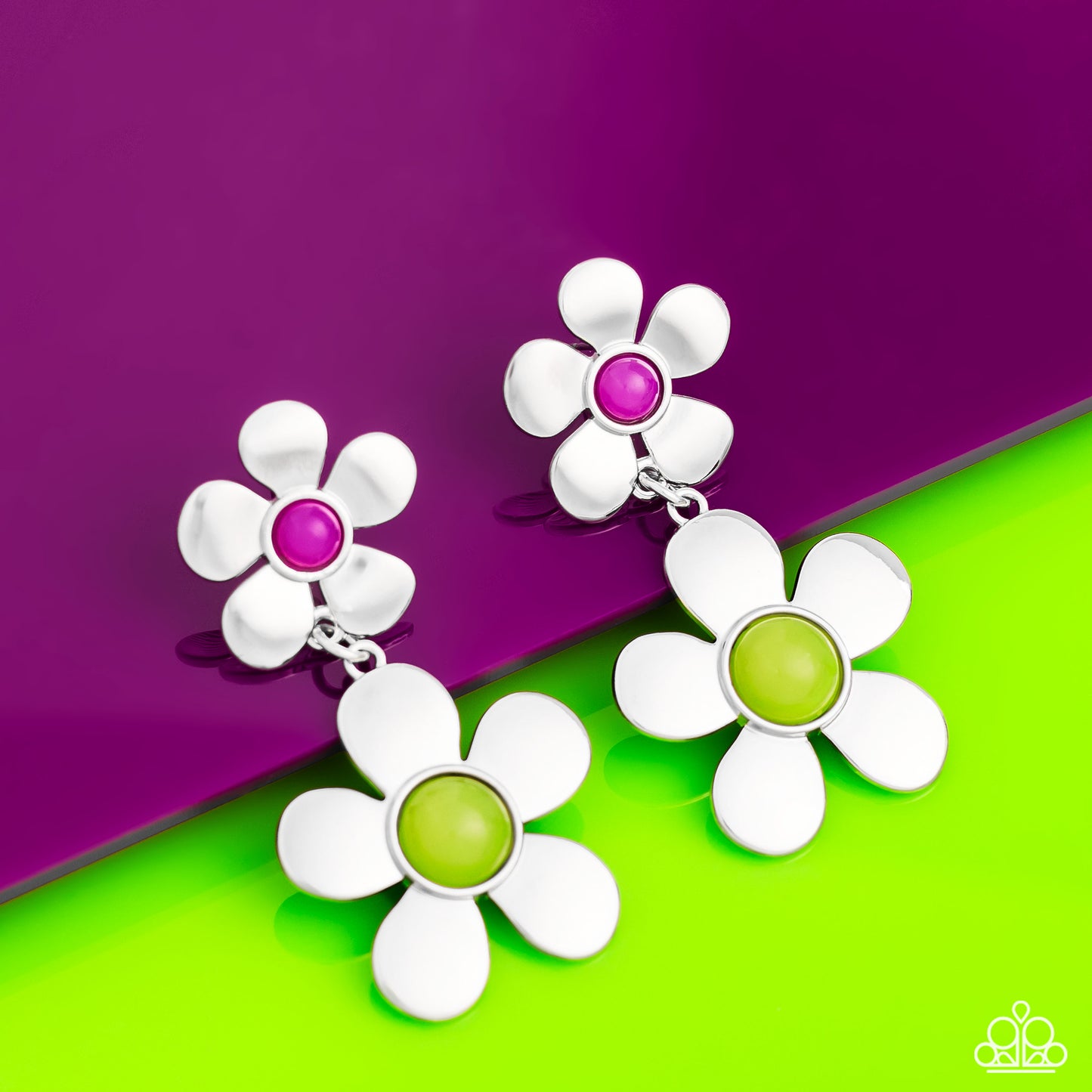 Paparazzi Accessories Fashionable Florals - Green Sleek silver flowers featuring glassy orchid and pale green beaded centers gradually increase in size as they fall from the ear, infusing the sophisticated design with whimsical movement. Earring attaches