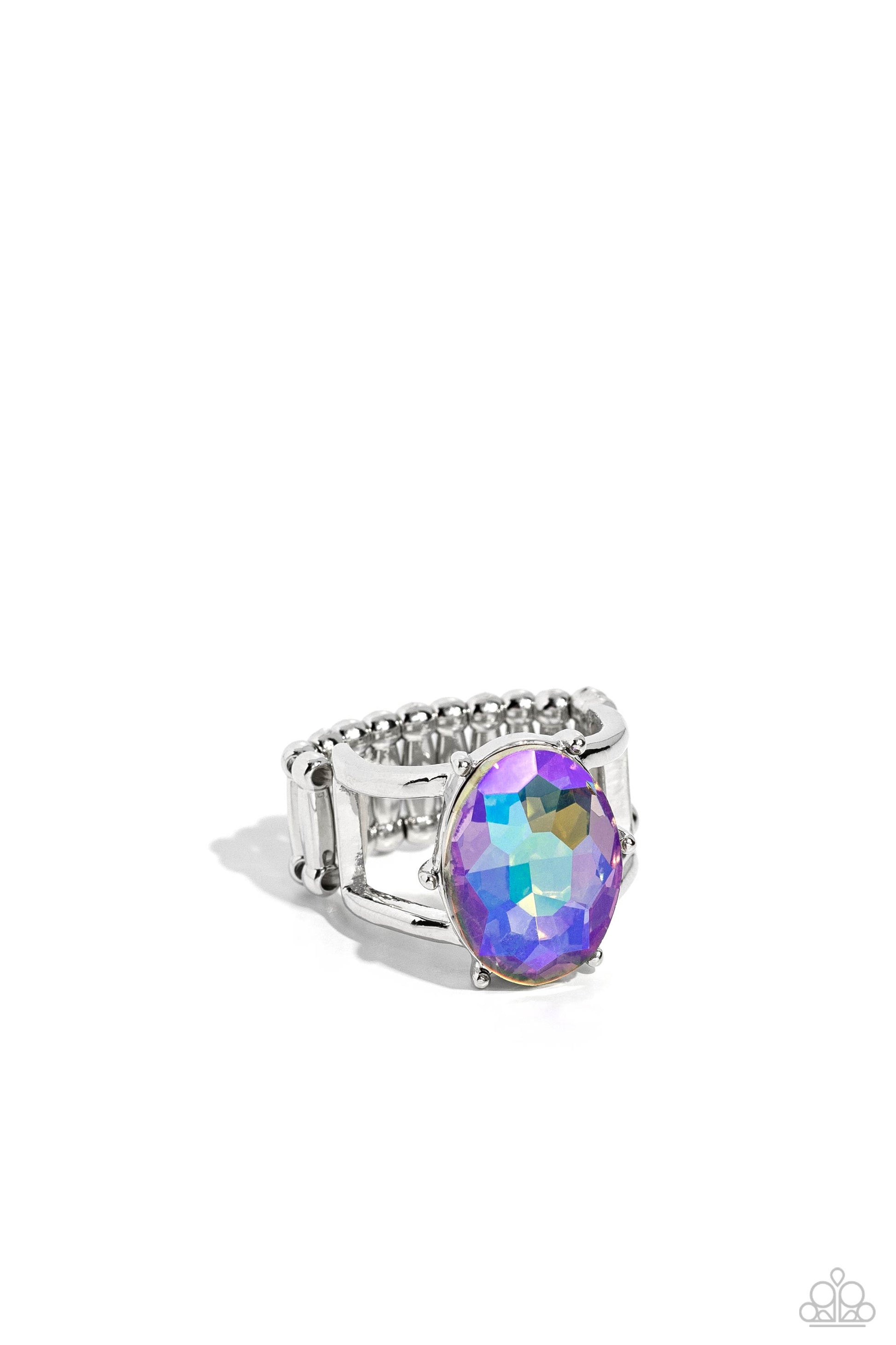 Paparazzi Accessories Prismatically Pronged - Multi Silver pronged fittings coalesce around an oval gem splashed in a prismatic UV shimmer atop the center of an airy silver band, resulting in a refined centerpiece atop the finger. Features a stretchy band