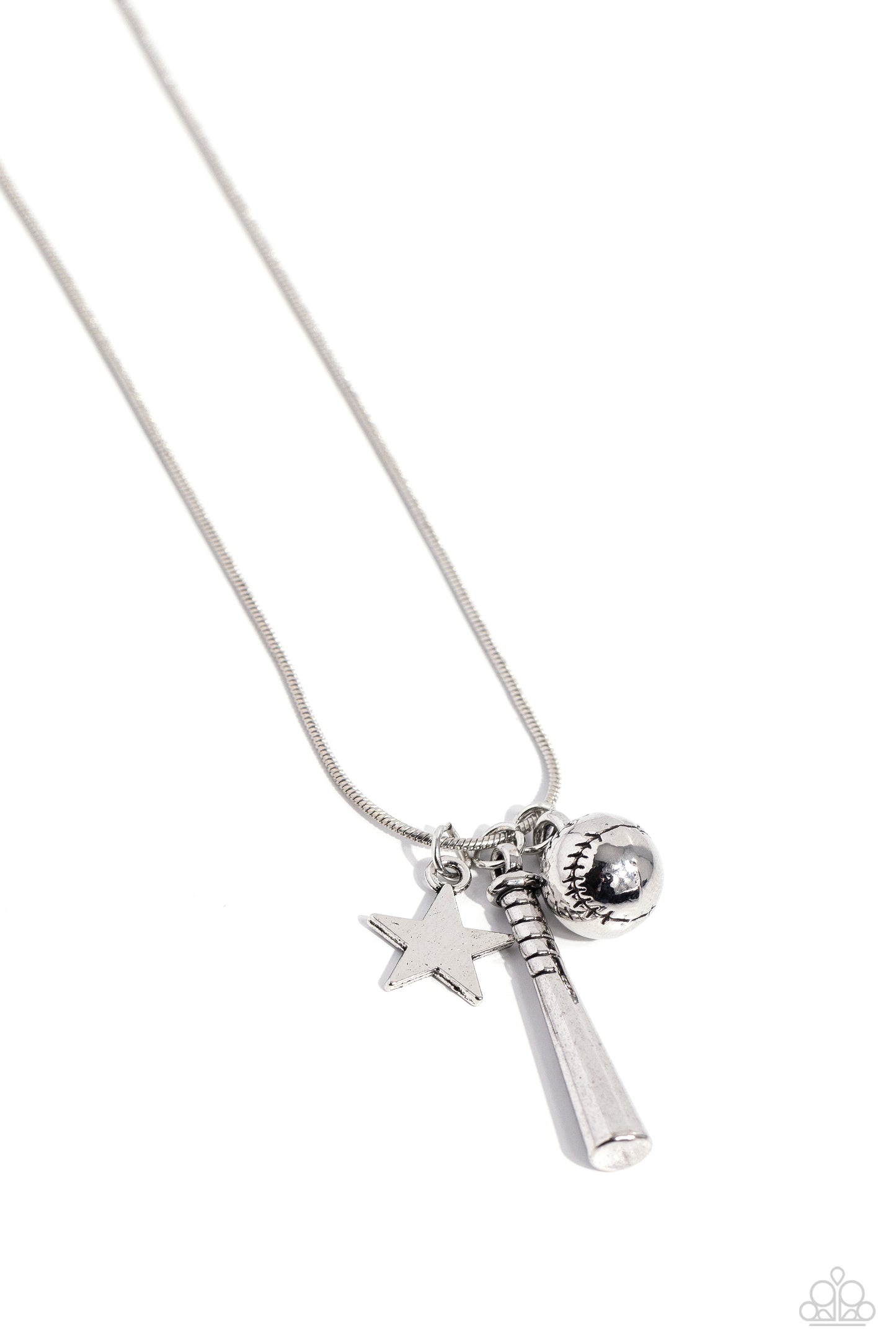 Paparazzi Accessories Hey Batter Batter! - Silver An assortment of charms, including a star, baseball, and baseball bat, glide along a dainty silver snake chain, creating a simply sporty display below the collar. Features an adjustable clasp closure. Sold