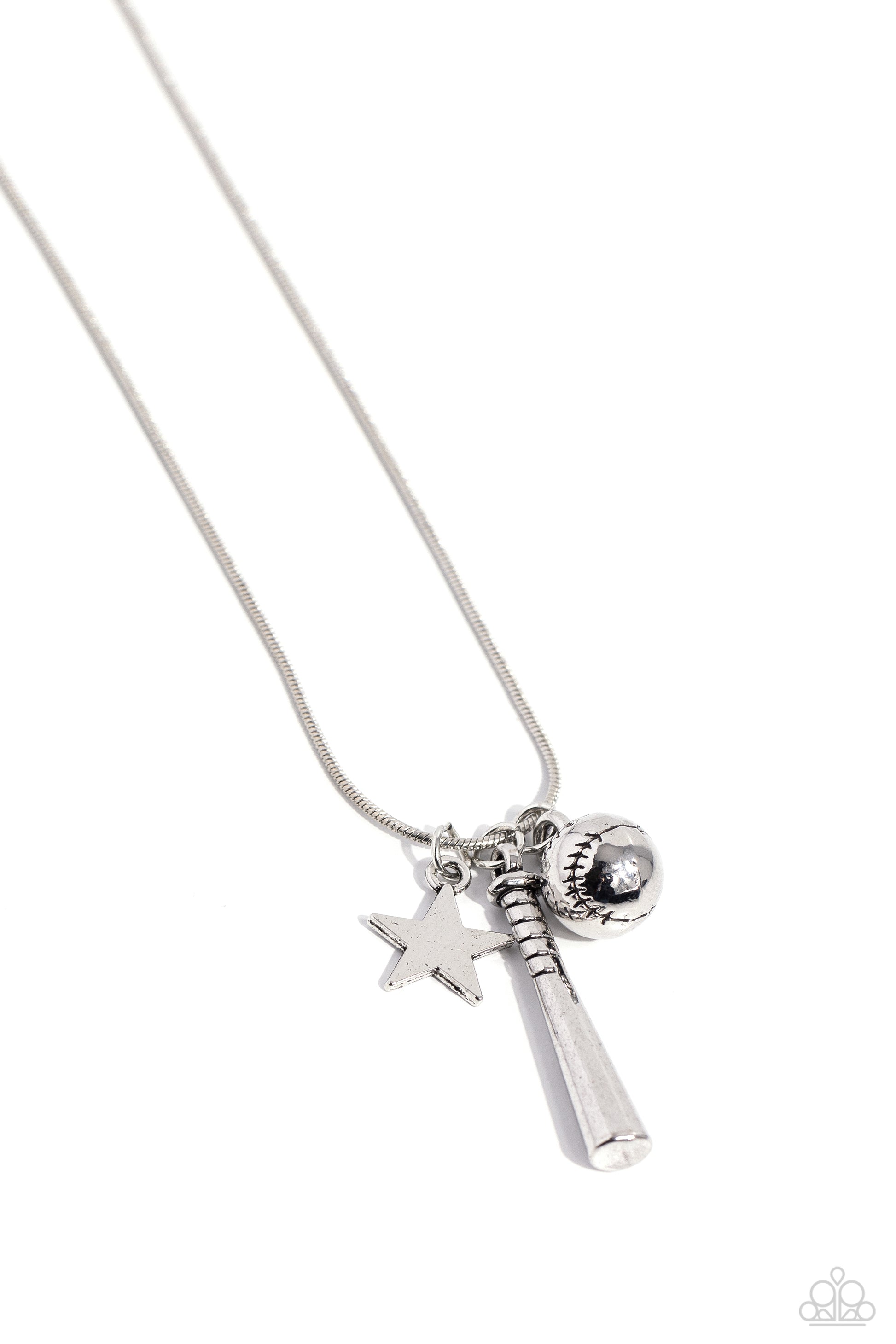 Paparazzi Accessories Hey Batter Batter! - Silver An assortment of charms, including a star, baseball, and baseball bat, glide along a dainty silver snake chain, creating a simply sporty display below the collar. Features an adjustable clasp closure. Sold