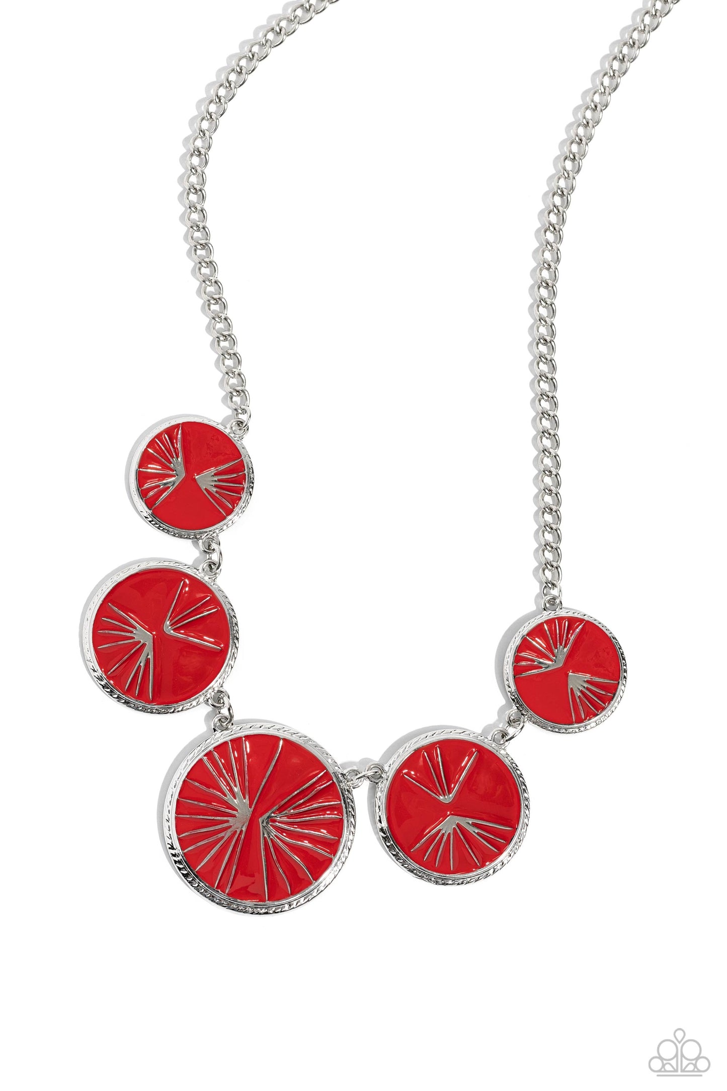 Paparazzi Accessories PALM Before the Storm - Red Embossed in shimmery silver palm leaf patterns, round red frames link below the collar for a summer-inspired look. Each red-painted frame is encircled in silver rope-like texture for an industrial finish.