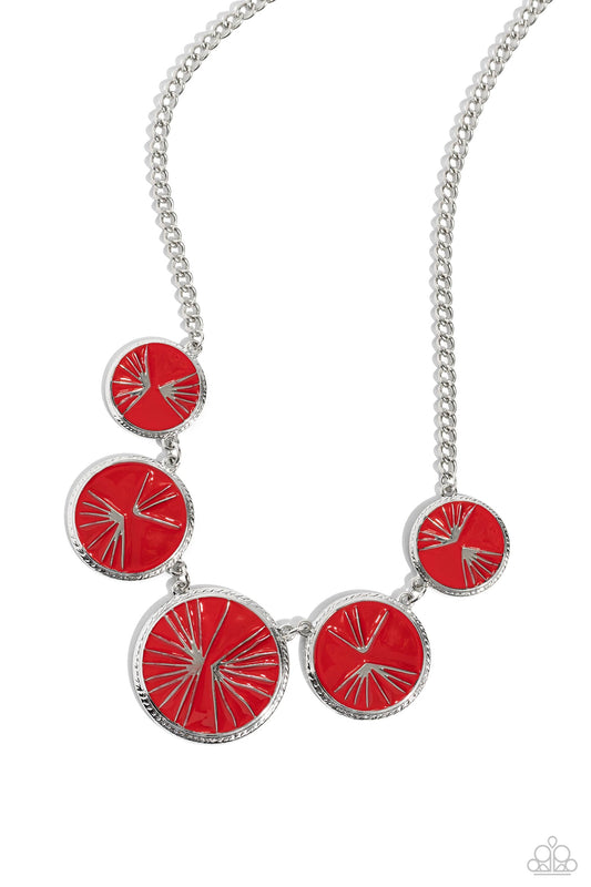 Paparazzi Accessories PALM Before the Storm - Red Embossed in shimmery silver palm leaf patterns, round red frames link below the collar for a summer-inspired look. Each red-painted frame is encircled in silver rope-like texture for an industrial finish.