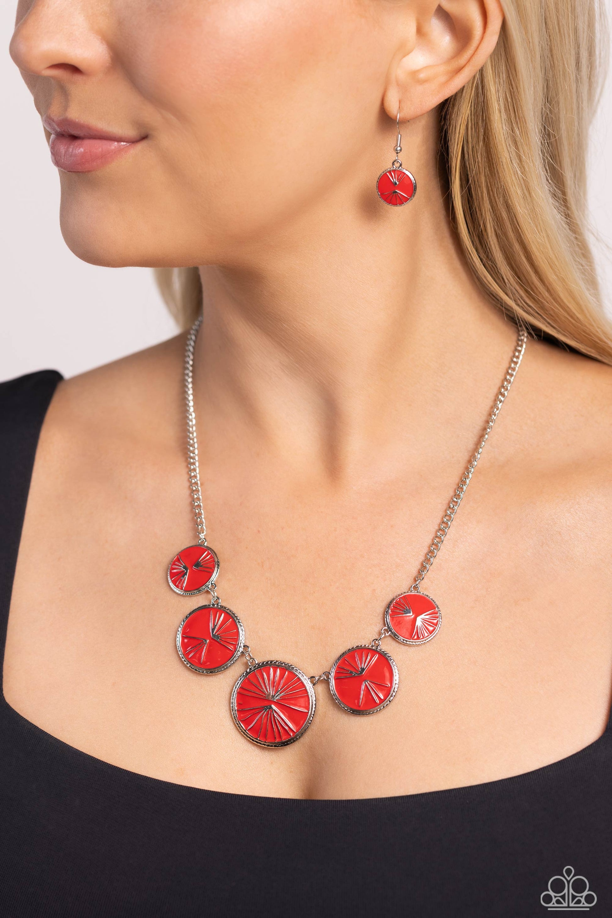 Paparazzi Accessories PALM Before the Storm - Red Embossed in shimmery silver palm leaf patterns, round red frames link below the collar for a summer-inspired look. Each red-painted frame is encircled in silver rope-like texture for an industrial finish.