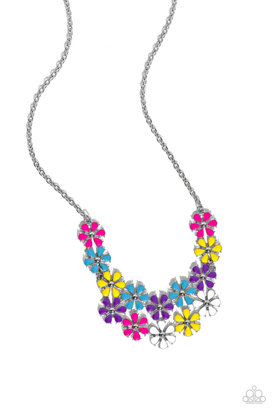 Paparazzi Accessories Floral Fever - Multi Painted in vivacious shades of hot pink, turquoise, yellow, purple, and white, a collection of silver studded flowers glide across the chest from a dainty silver chain for a whimsical array. Features an adjustabl