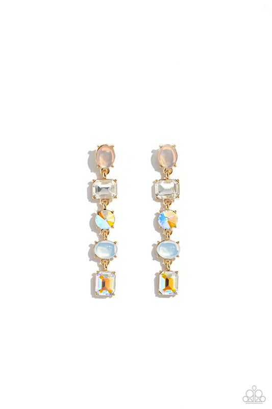 Paparazzi Accessories Sophisticated Stack - Gold Featuring various opacities, sheens, and cuts, five multicolored rhinestones, set in dainty gold pronged settings, stack one over the other, creating a refined lure with a dash of color and sparkle. Earring