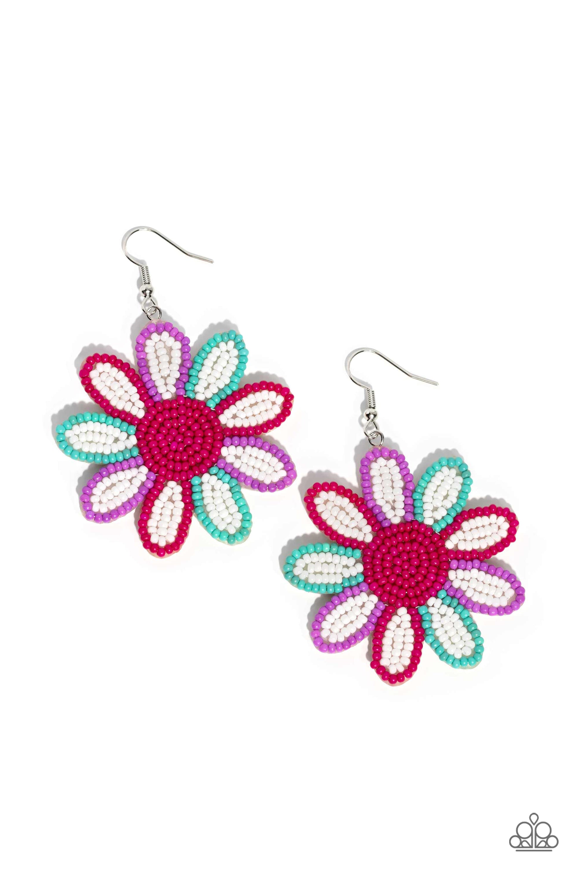 Paparazzi Accessories Decorated Daisies - White Layers of white seed bead petals, encased in seed bead frames of hot pink, tiffany, and lavender fan out from a hot pink seed bead center, blooming into a textured floral lure. Earring attaches to a standard