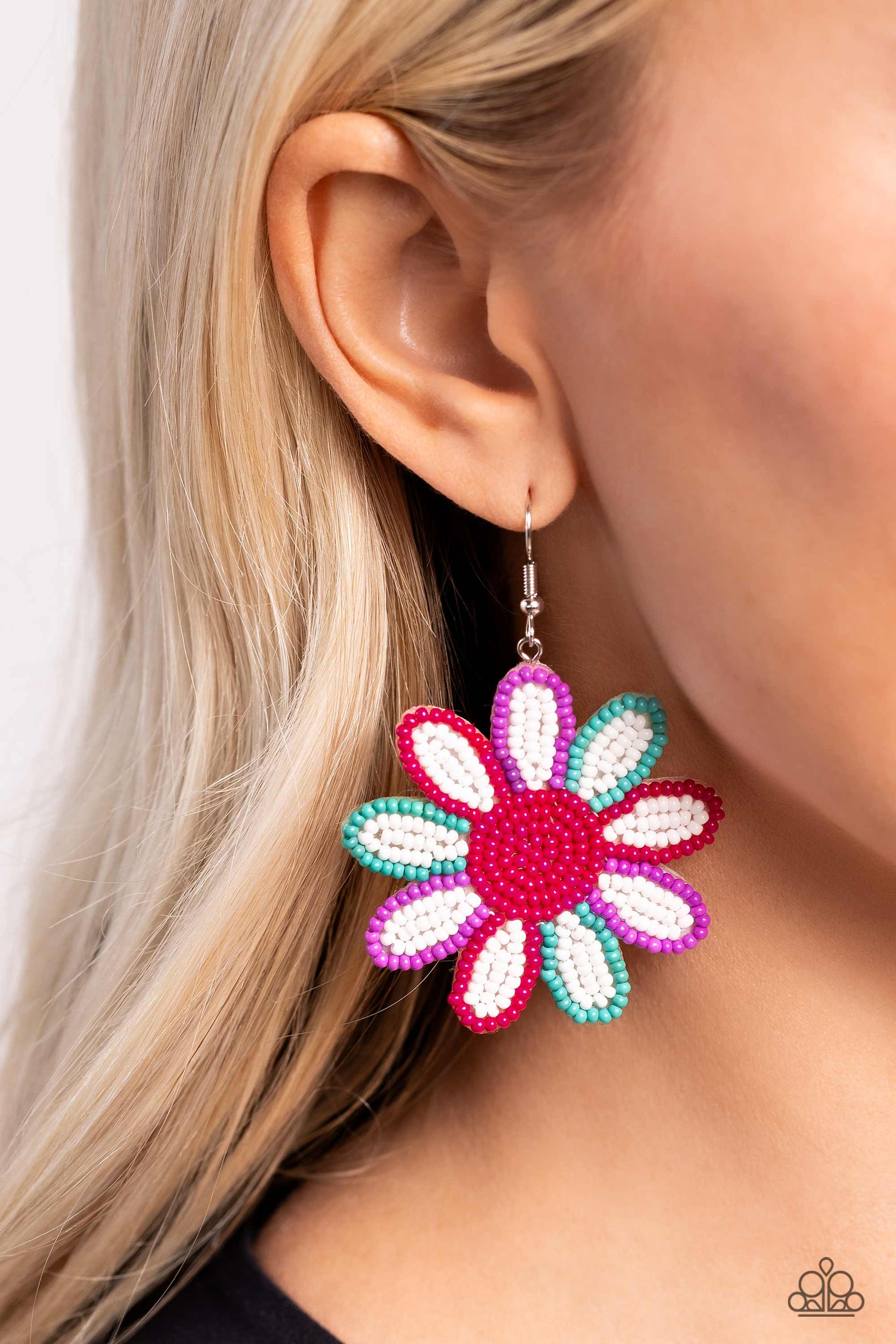Paparazzi Accessories Decorated Daisies - White Layers of white seed bead petals, encased in seed bead frames of hot pink, tiffany, and lavender fan out from a hot pink seed bead center, blooming into a textured floral lure. Earring attaches to a standard