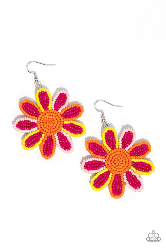 Paparazzi Accessories Decorated Daisies - Pink Layers of hot pink seed bead petals, encased in seed bead frames of yellow, baby pink, and orange, fan out from an orange seed bead center, blooming into a textured floral lure. Earring attaches to a standard