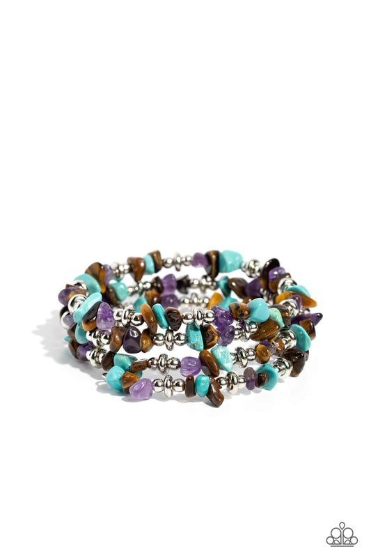 Paparazzi Accessories Stacking Stones - Brown Featuring a chiseled finish, a mismatched collection of tiger's eye, turquoise, and amethyst stones and shiny silver beads are threaded along a coiled wire, creating an earthy infinity wrap style bracelet. As