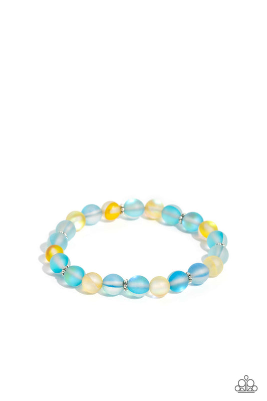 Paparazzi Accessories Clear Craze - Blue Infused with silver floral beads, a glassy collection of reflective blue and yellow-colored stone beads are threaded along an elastic stretchy band around the wrist for an adventurous pop of urban color. Sold as on