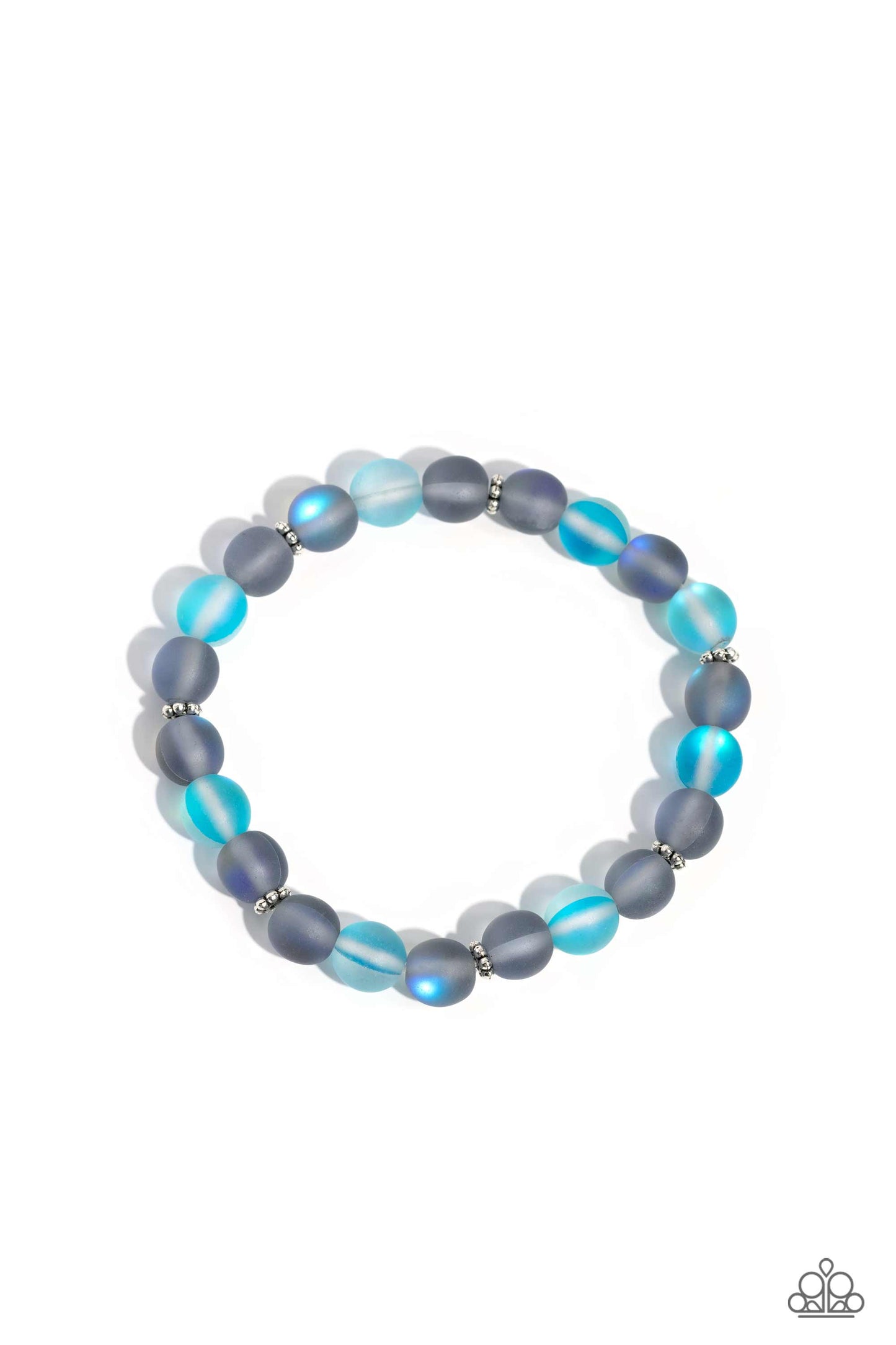 Paparazzi Accessories Clear Craze - Silver Infused with silver floral beads, a glassy collection of reflective blue and gray-colored stone beads are threaded along an elastic stretchy band around the wrist for an adventurous pop of urban color. Sold as on