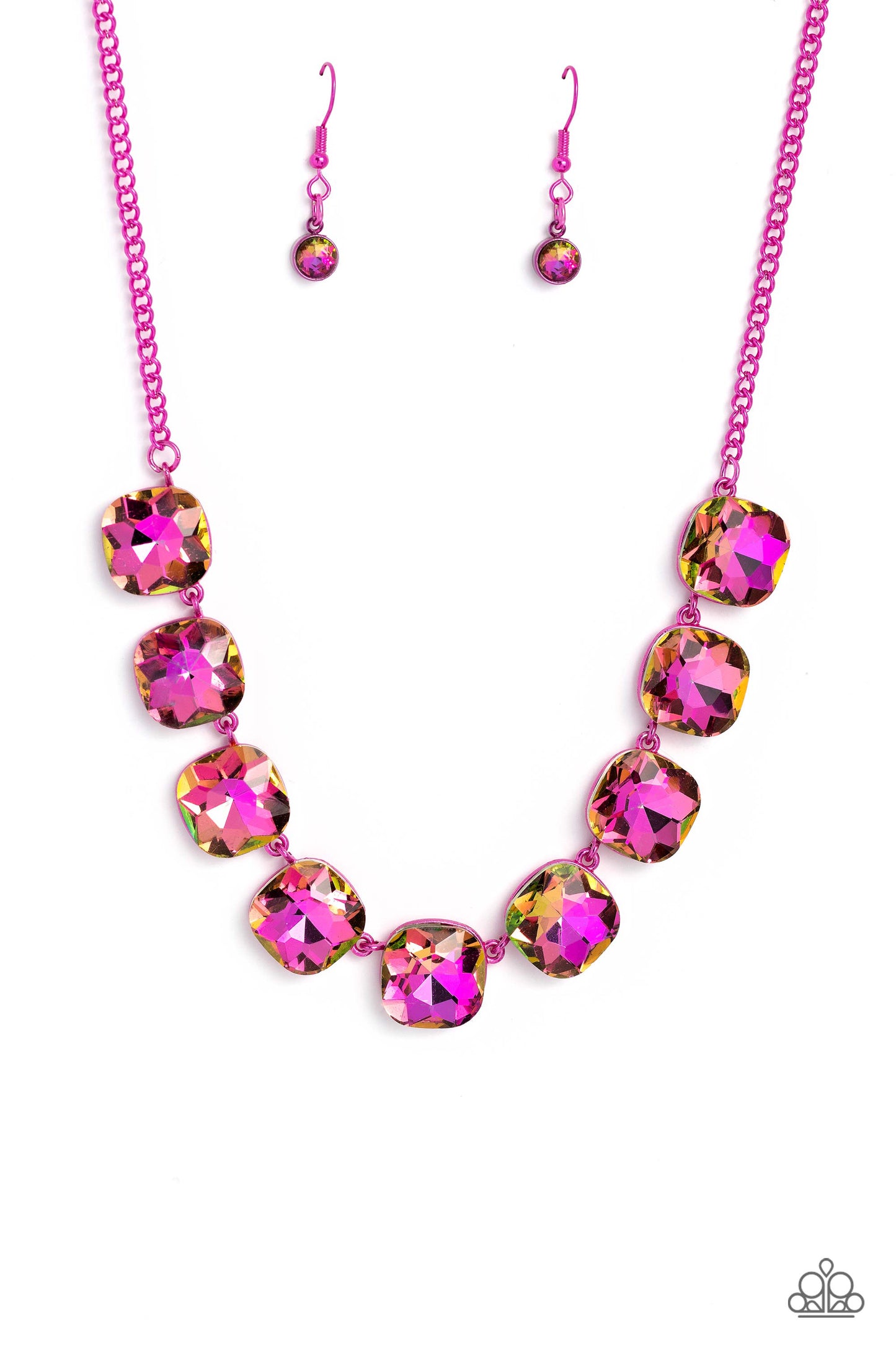 Paparazzi Accessories Combustible Command - Pink Featuring a vivacious pink chain, a collection of pink UV shimmery cushion-cut gems, pressed in vibrant pink frames, coalesces around the collar to create a playful pop of color. Features an adjustable clas