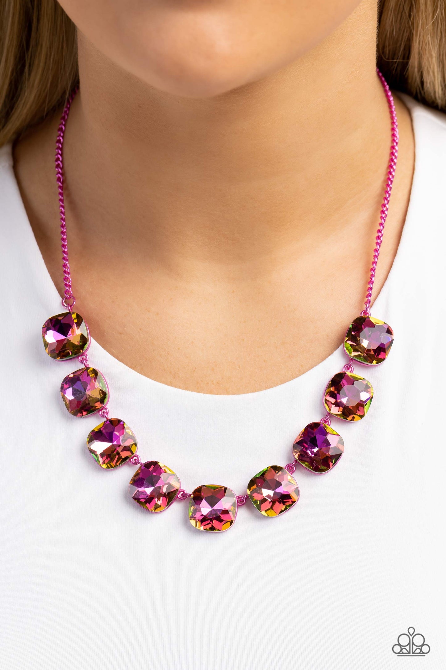 Paparazzi Accessories Combustible Command - Pink Featuring a vivacious pink chain, a collection of pink UV shimmery cushion-cut gems, pressed in vibrant pink frames, coalesces around the collar to create a playful pop of color. Features an adjustable clas