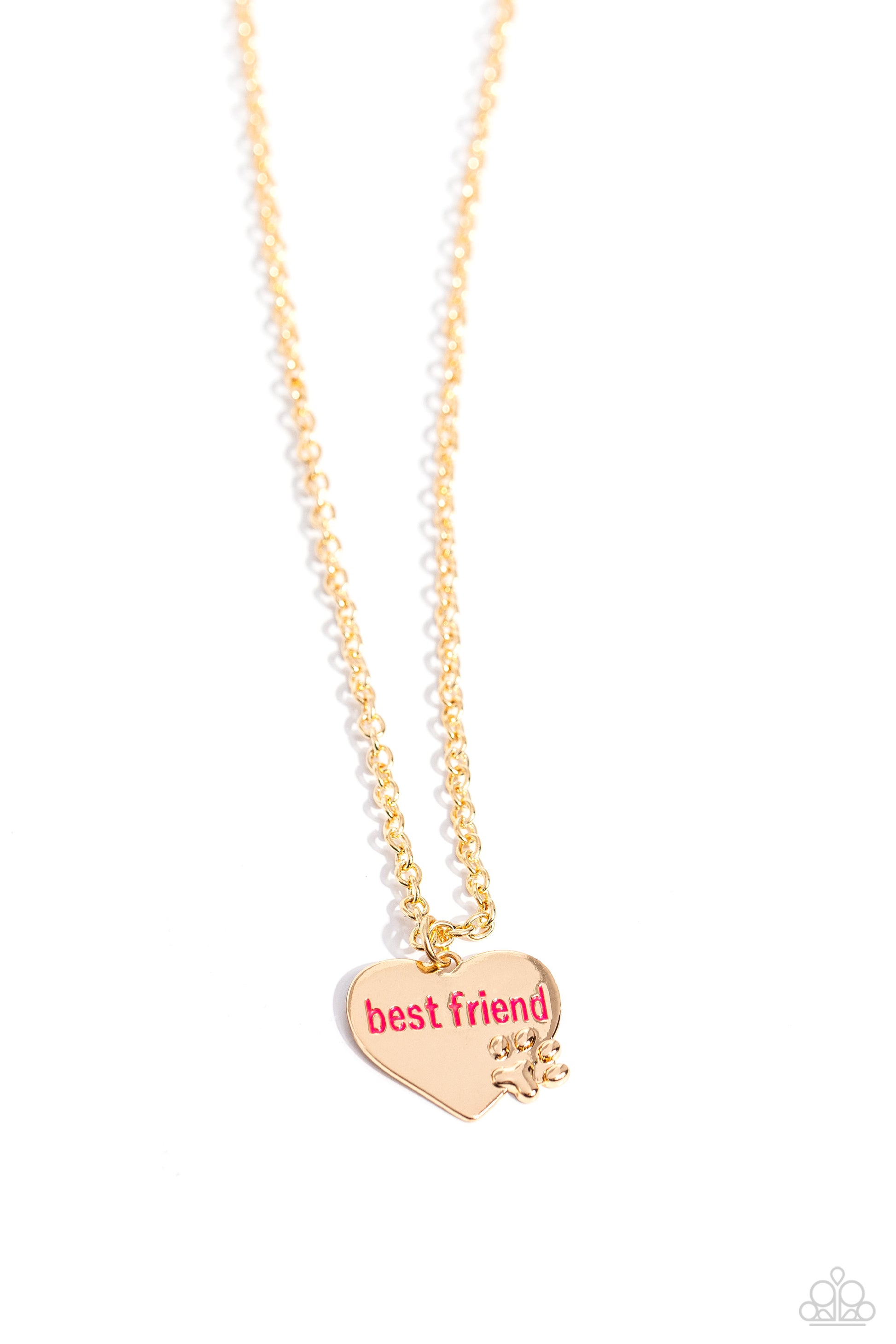 Paparazzi Accessories Mans Best Friend - Gold A sleek gold heart frame, embellished with a gold paw print, swings from the bottom of a dainty gold chain, creating a pet-inspired pendant. Splashed in a vibrant pink hue, the words "best friend" are featured