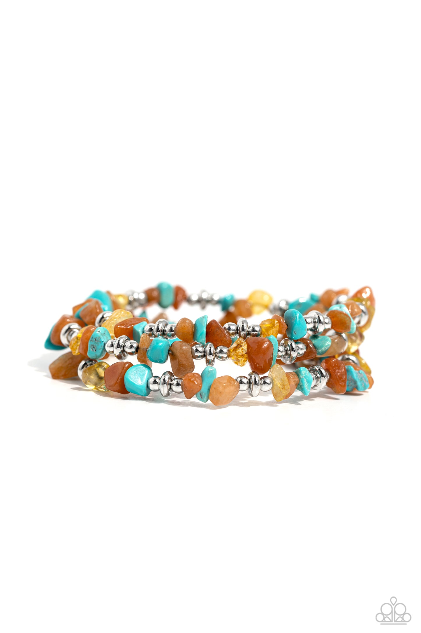 Paparazzi Accessories Stacking Stones - Orange Featuring a chiseled finish, a mismatched collection of orange, turquoise, and yellow stones and shiny silver beads are threaded along a coiled wire, creating an earthy infinity wrap style bracelet. As the st