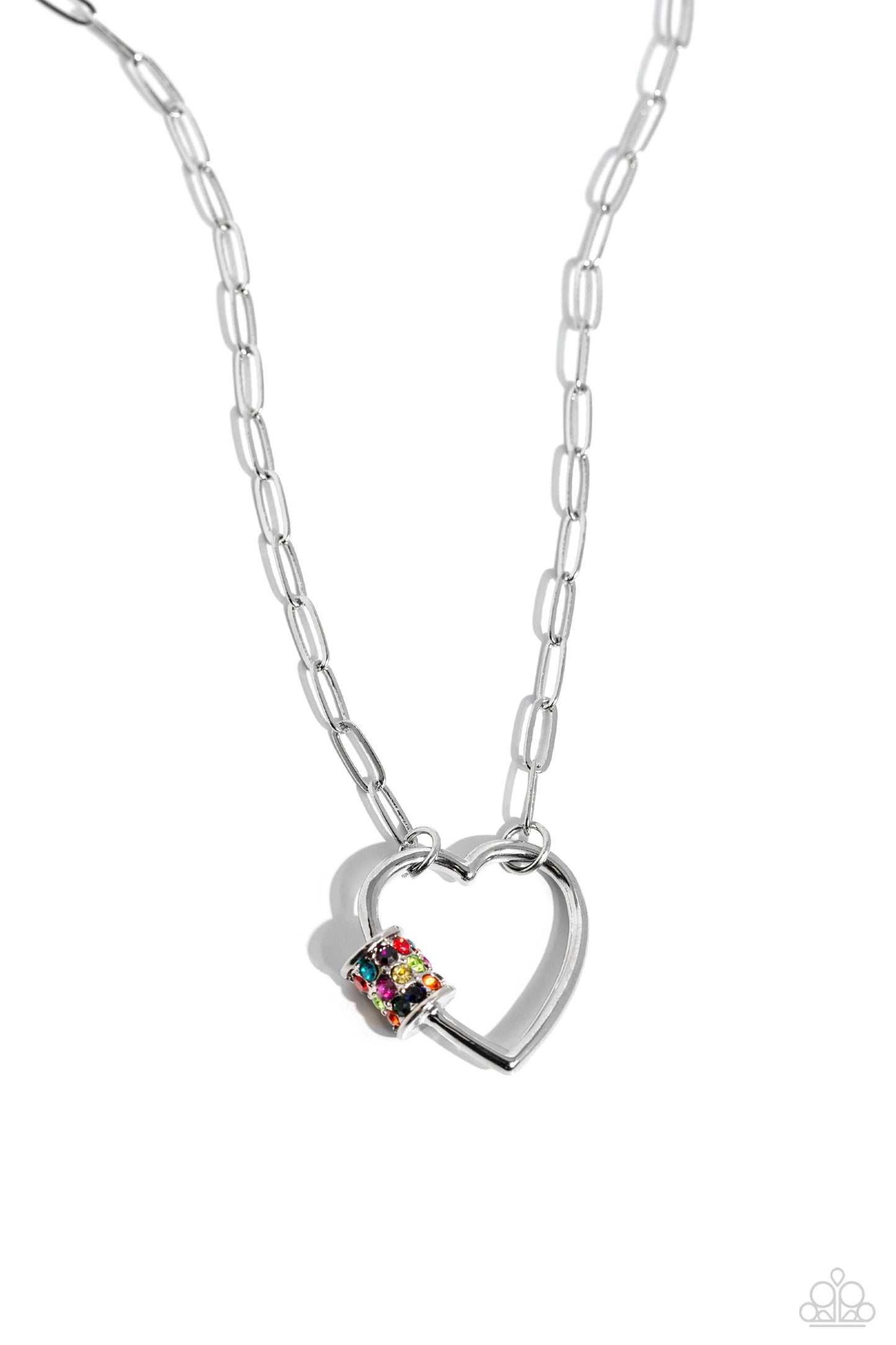 Paparazzi Accessories Affectionate Attitude - Multi A sleek silver heart sits at the center of a silver paperclip chain, resulting in a romantically monochromatic design. A thick silver carabiner accent, encrusted in multicolored rhinestones, rests along