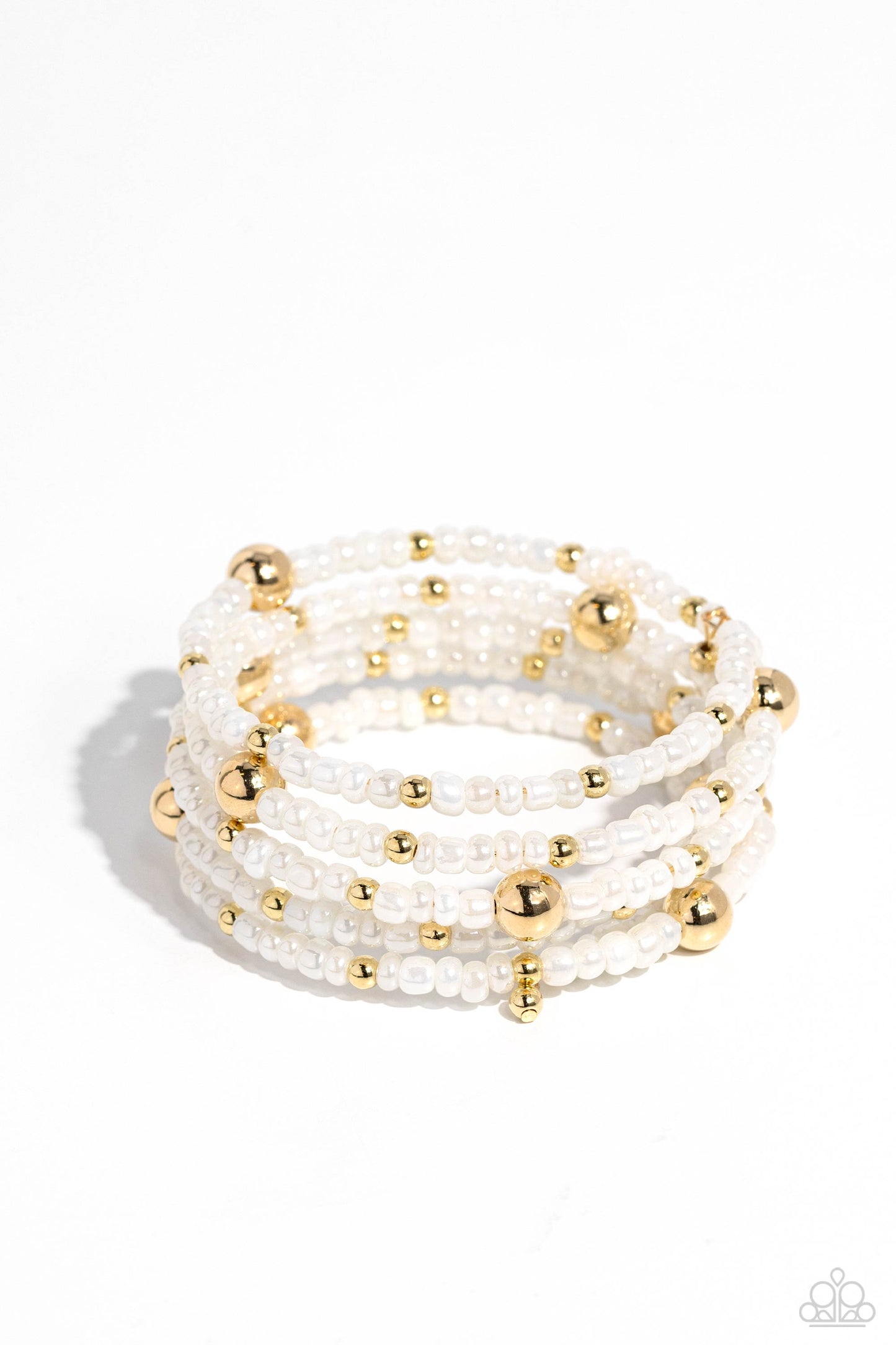 Paparazzi Accessories Refined Retrograde - Gold Pearly white seed beads, and various-sized gold accents are threaded along a coiled wire, creating a refined infinity wrap-style bracelet around the wrist. Sold as one individual bracelet Jewelry