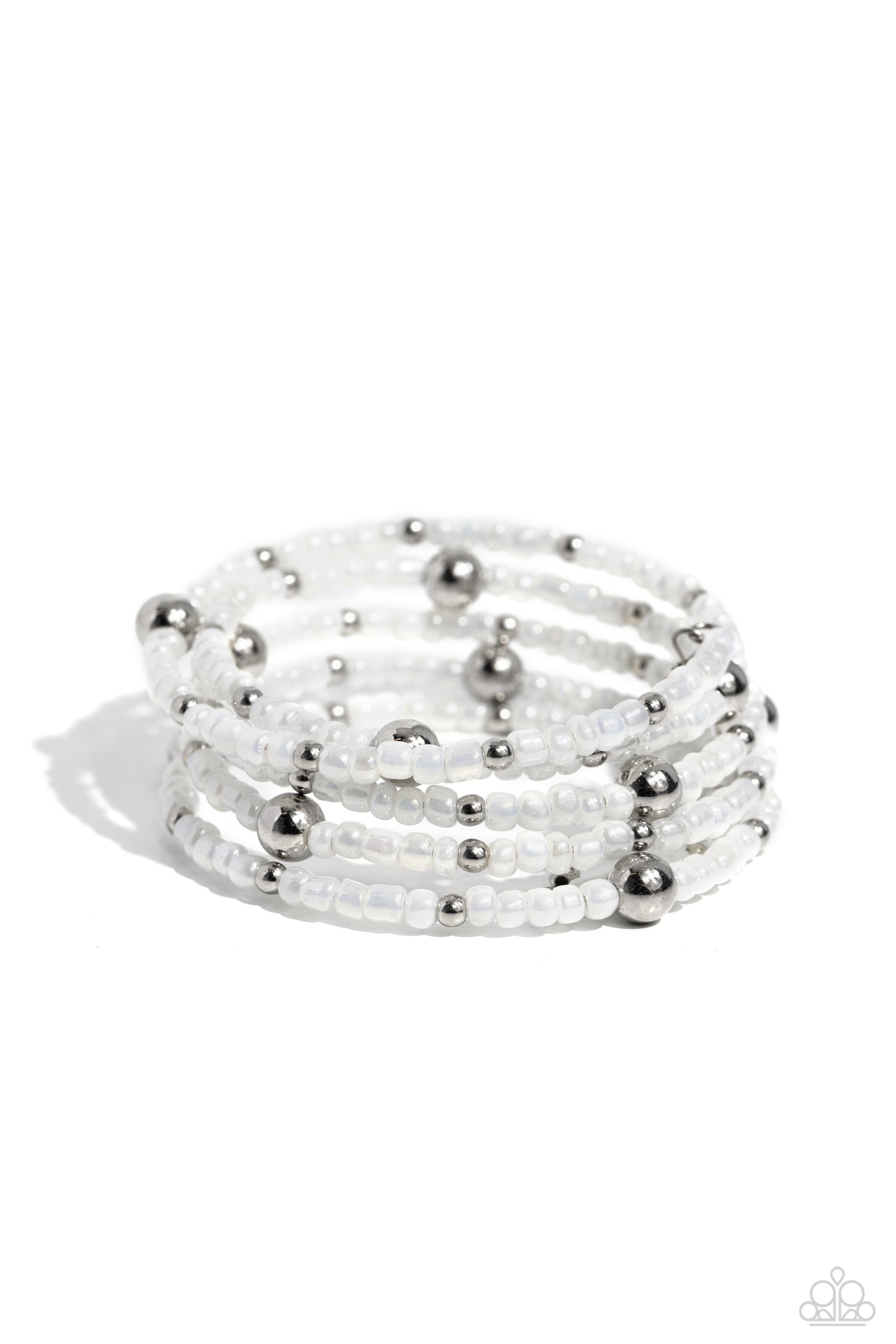 Paparazzi Accessories Refined Retrograde - White Pearly white seed beads, and various-sized silver accents are threaded along a coiled wire, creating a refined infinity wrap-style bracelet around the wrist. Sold as one individual bracelet Jewelry