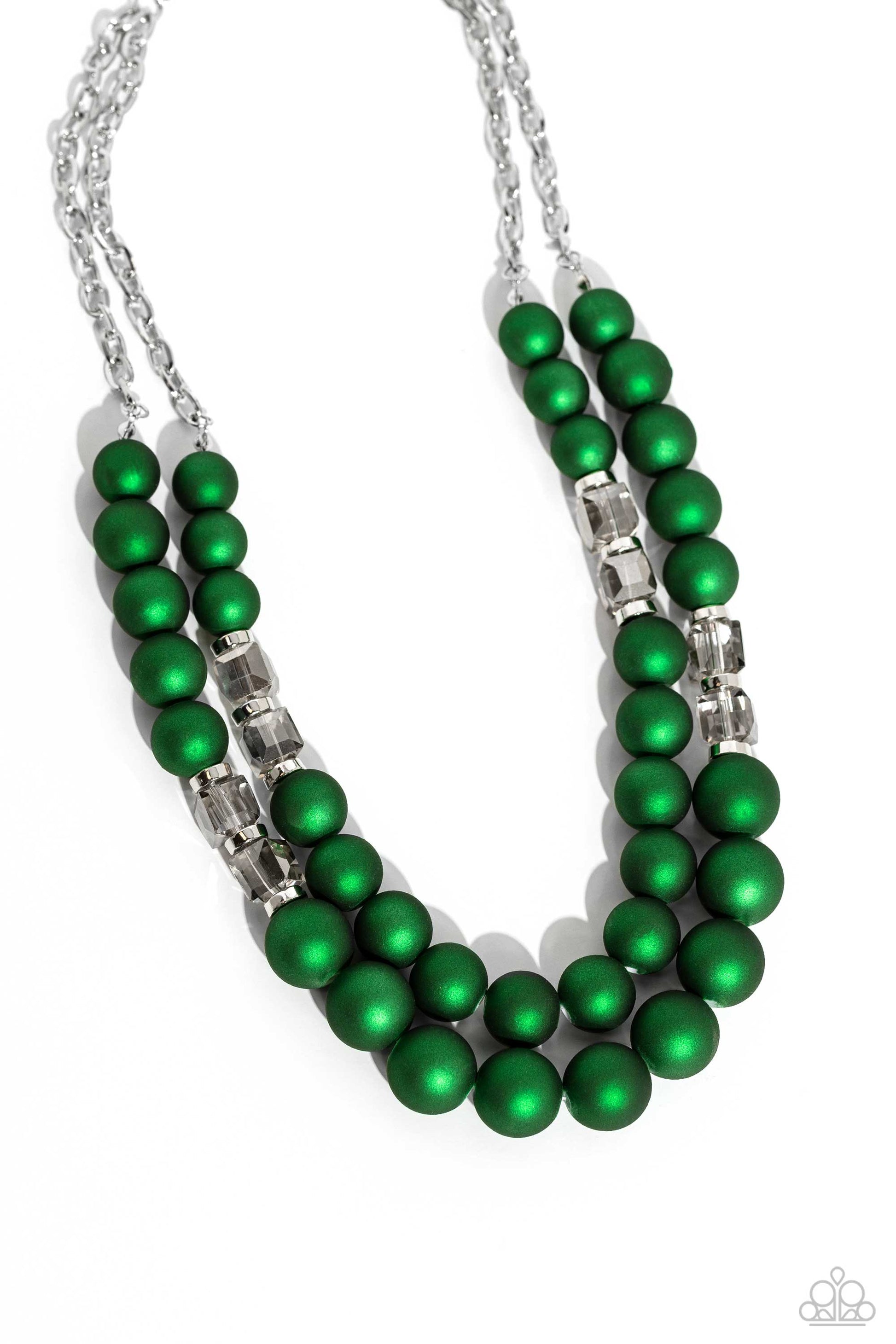 Paparazzi Accessories Shopaholic Season - Green Two rows of oversized emerald green beads featuring a subtle shimmer, silver accents, and clear gray cubed beads fall below the collar on silver paperclip chains, creating refined, colorful layers. Features