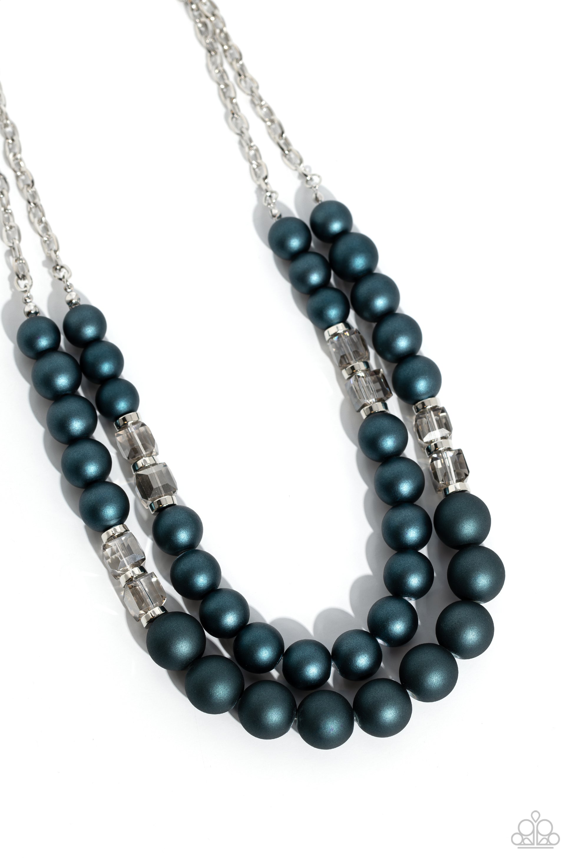 Paparazzi Accessories Shopaholic Season - Blue Two rows of oversized blue beads featuring a subtle shimmer, silver accents, and clear gray cubed beads fall below the collar on silver paperclip chains, creating refined, colorful layers. Features an adjusta