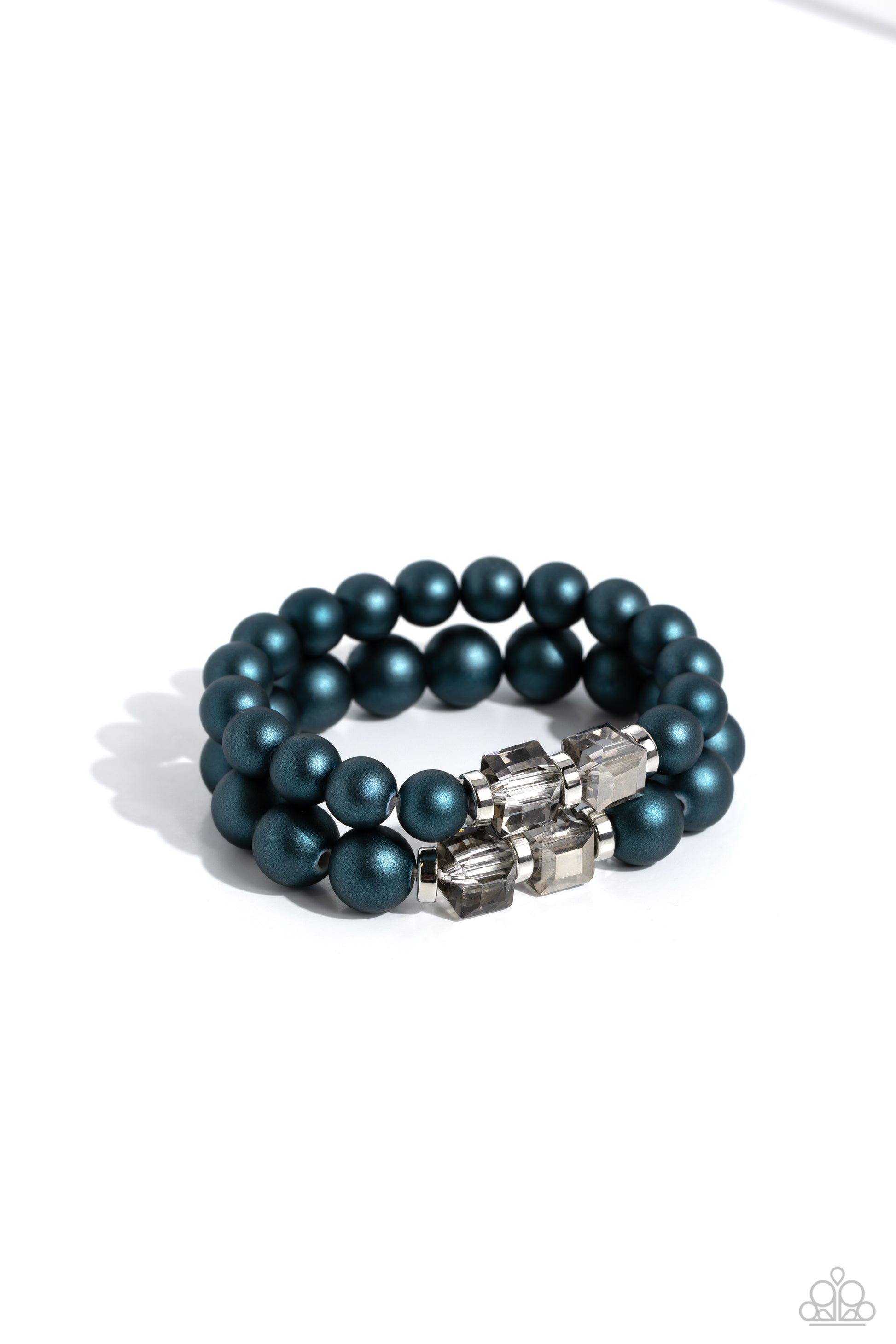Paparazzi Accessories Shopaholic Showdown - Blue Two strands of oversized blue beads featuring a subtle shimmer, silver accents, and clear gray cubed beads stretch around the wrist, creating refined, colorful layers. Sold as one set of two bracelets. Get