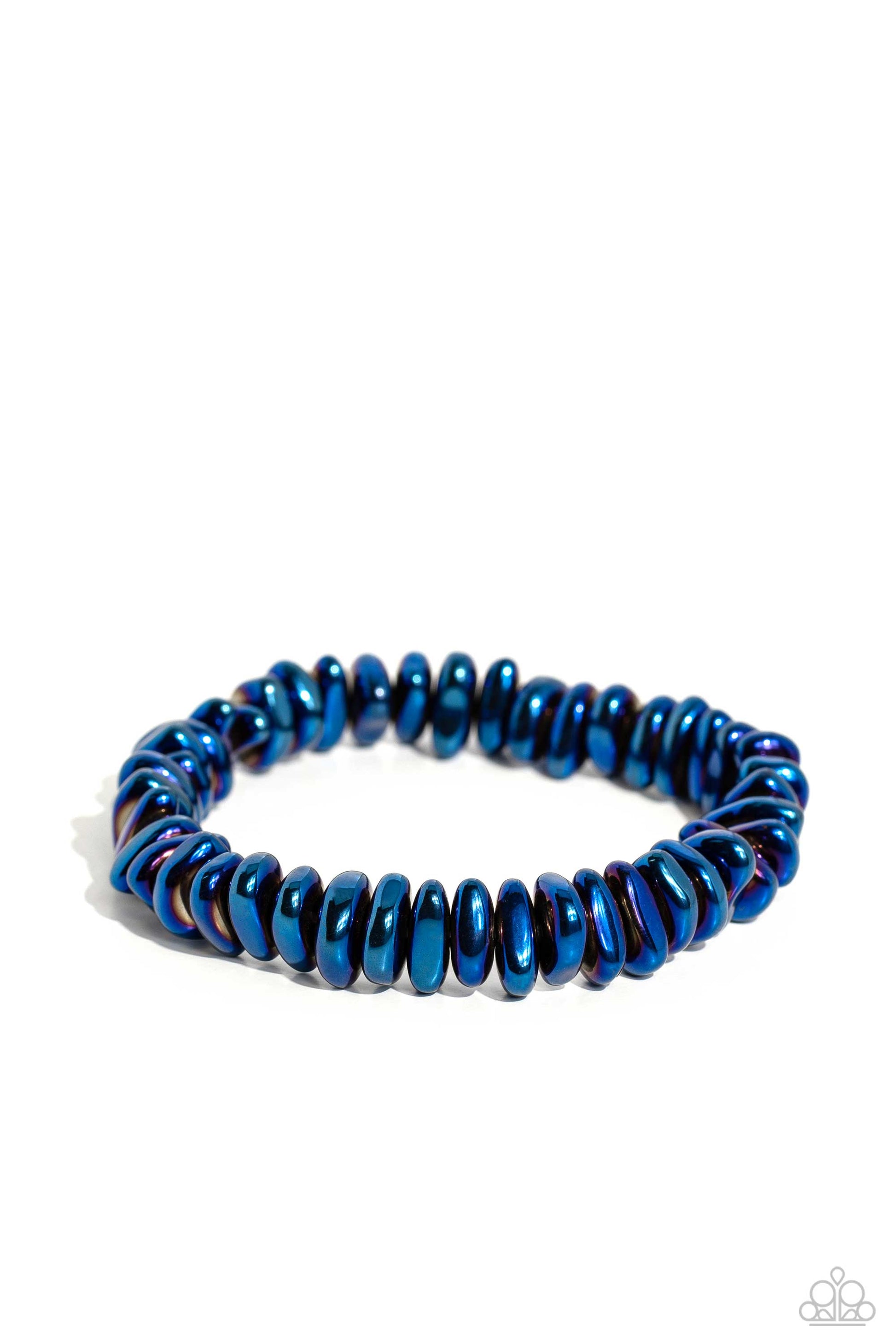 Paparazzi Accessories Monochromatic Mechanic - Blue Featuring an electric blue hue, a shiny series of irregular metallic beads are threaded along a stretchy band around the wrist for a bold pop of monochromatic detail. Sold as one individual bracelet. Jew