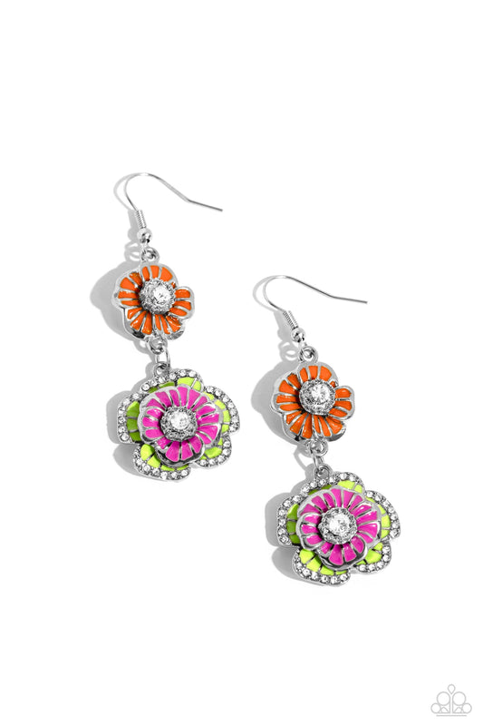 Paparazzi Accessories Intricate Impression - Multi Dotted with dainty white gem centers and white rhinestone details, intricate 3D silver flowers, adorned in Rose Violet, Kohlrabi, and orange shades, link into a whimsical, glitzy lure. Earring attaches to