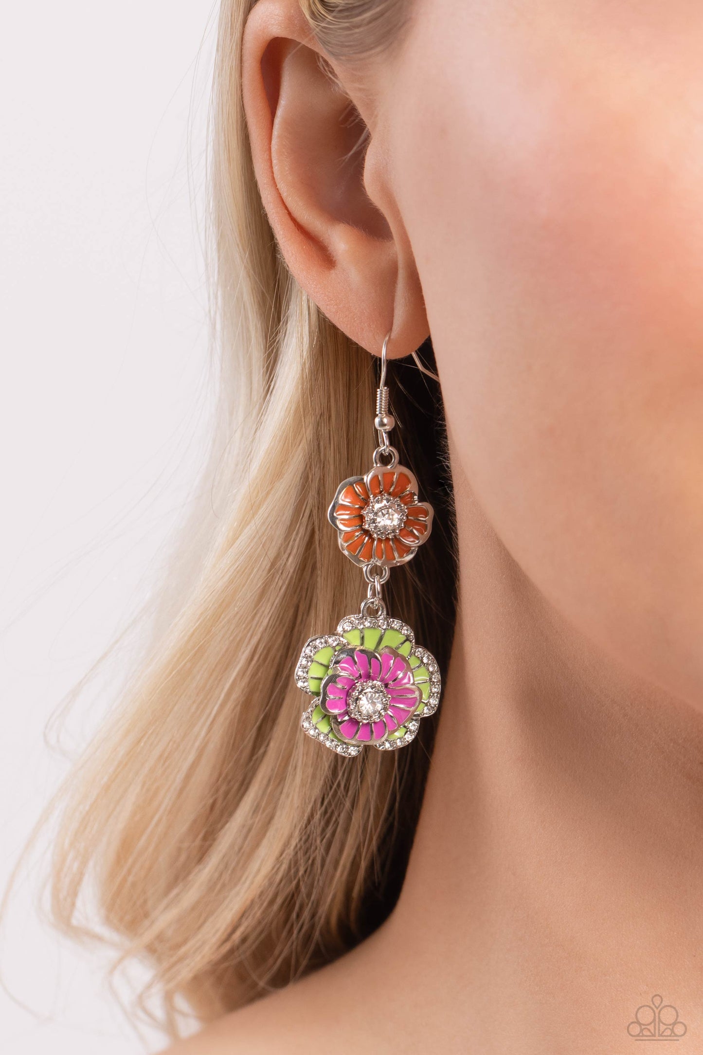 Paparazzi Accessories Intricate Impression - Multi Dotted with dainty white gem centers and white rhinestone details, intricate 3D silver flowers, adorned in Rose Violet, Kohlrabi, and orange shades, link into a whimsical, glitzy lure. Earring attaches to
