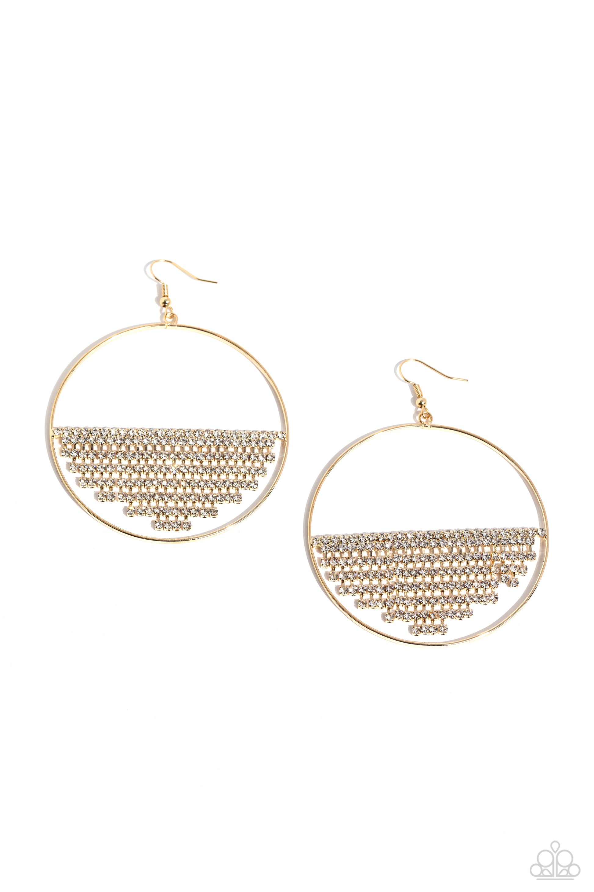 Paparazzi Accessories Fierce Fringe - Gold A curtain of white rhinestones is stretched between the edges of a skinny, oversized gold hoop, creating a shimmering display. The rhinestones taper towards the center as they sway and cascade, adding sparkly mov