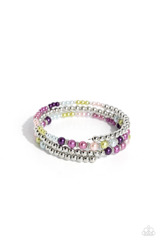 Paparazzi Accessories Just SASSING Through - Multi A collection of bright multicolored pearls and shiny silver beads and accents are threaded along a wire that coils around the wrist, creating an eye-catching infinity wrap style bracelet. Sold as one indi