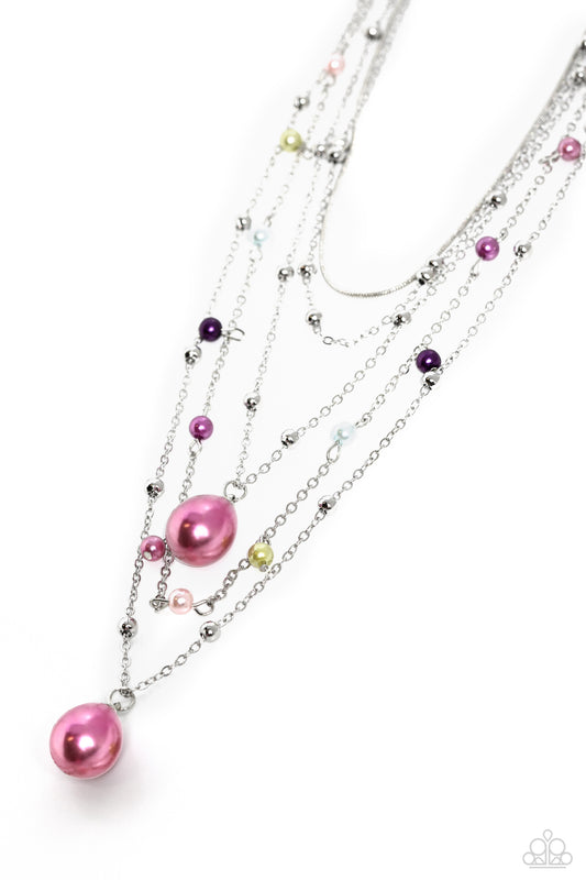 Paparazzi Accessories SASS with Flying Colors - Multi Dainty multicolored pearls and silver beads trickle along an assortment of silver chains, creating shimmery layers across the chest. Two exaggerated light orchid pearly teardrops cascade from the botto