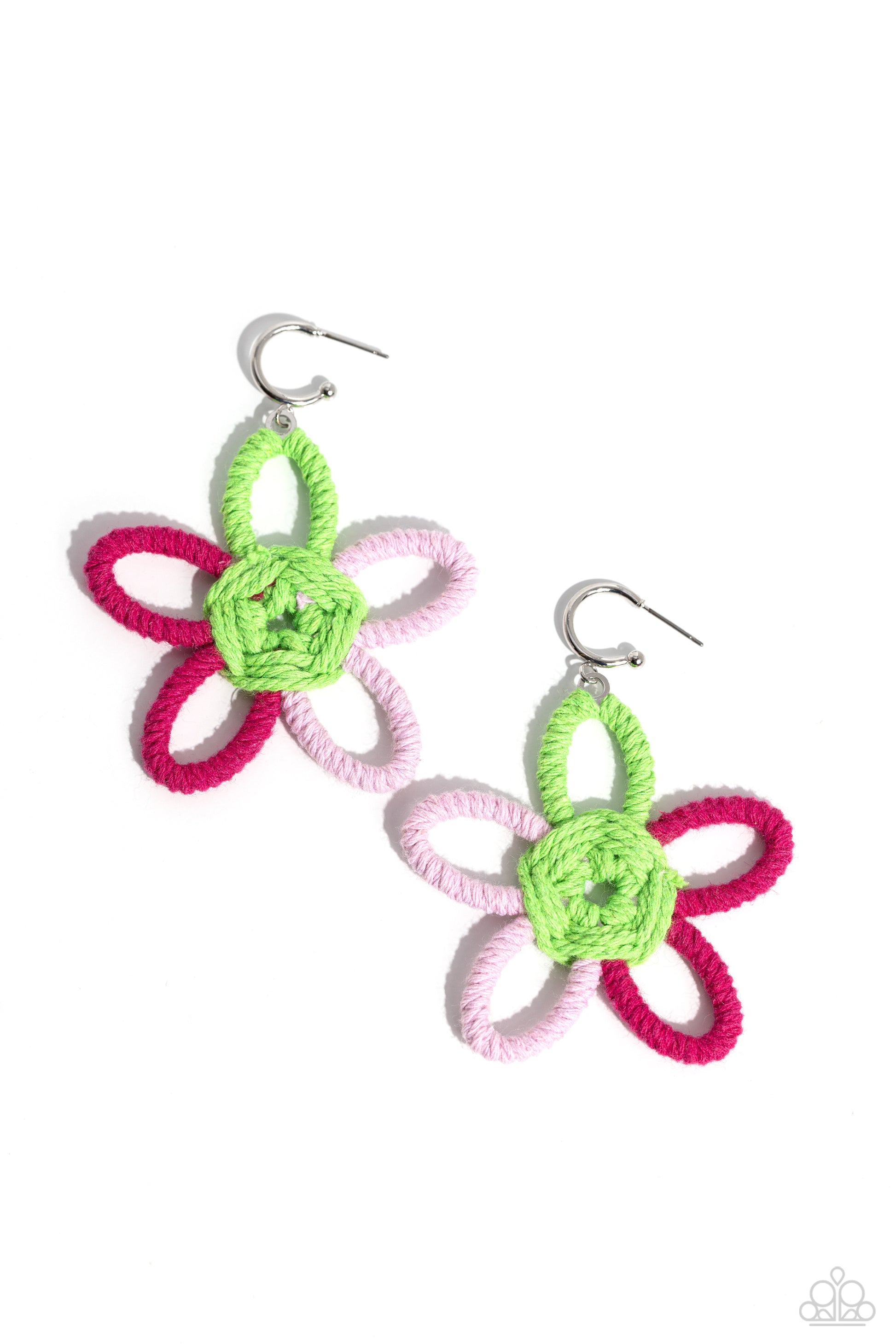 Paparazzi Accessories Spin a Yarn - Pink Featuring Kohlrabi, light pink, and Pink Peacock yarn, an oversized flower swings freely from a dainty silver hoop, creating a playful lure. Earring attaches to a standard post fitting. Hoop measures approximately