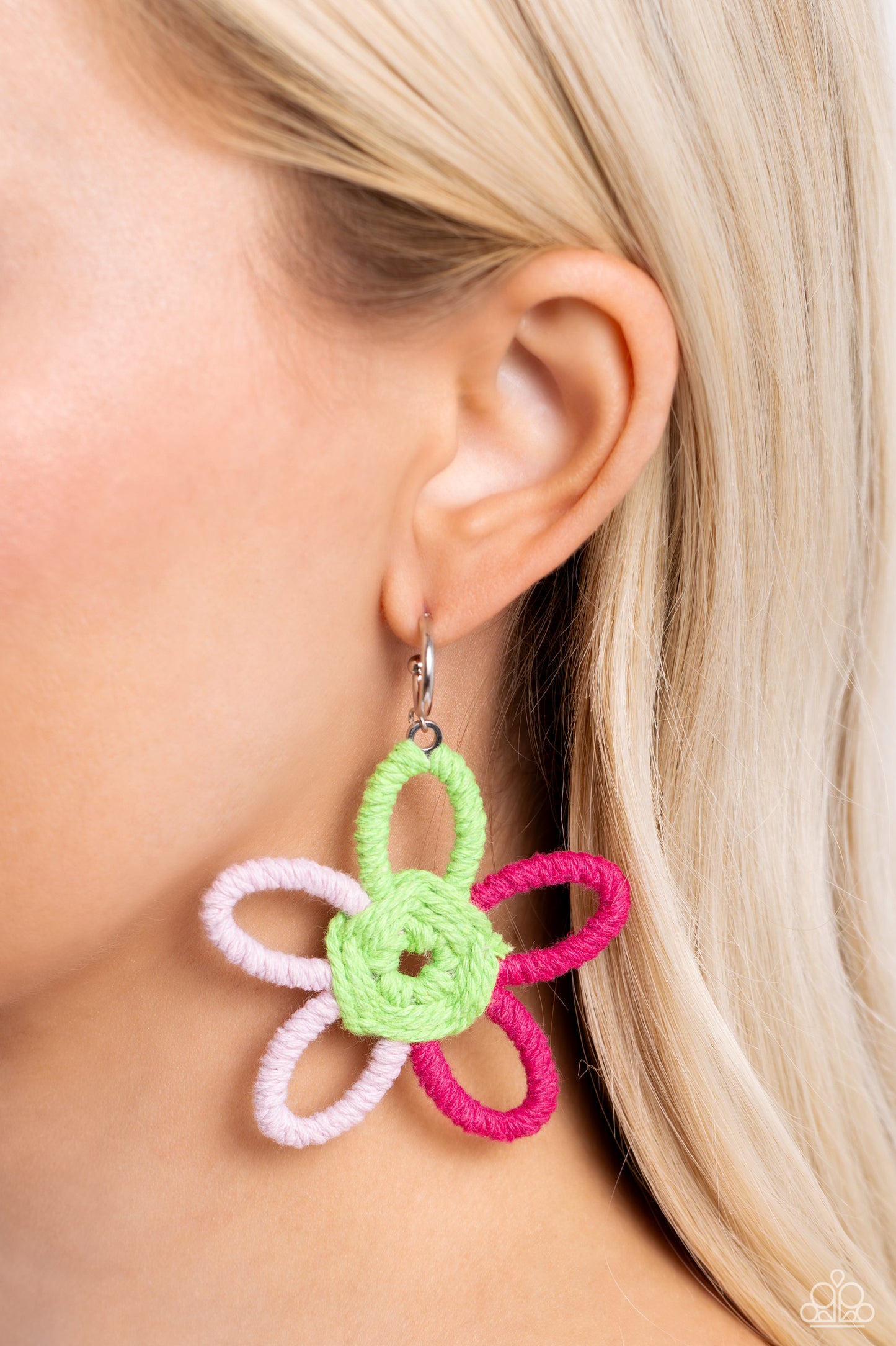 Paparazzi Accessories Spin a Yarn - Pink Featuring Kohlrabi, light pink, and Pink Peacock yarn, an oversized flower swings freely from a dainty silver hoop, creating a playful lure. Earring attaches to a standard post fitting. Hoop measures approximately