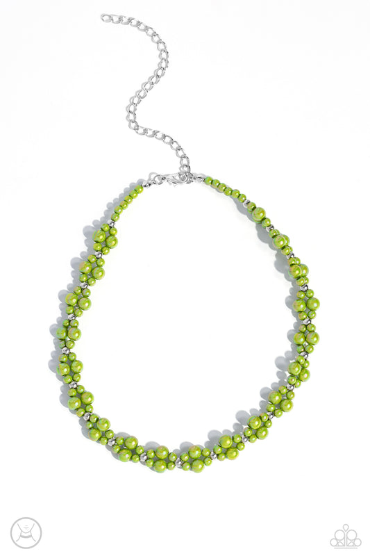 Paparazzi Accessories Dreamy Duchess - Green Dipped in an iridescent finish, varying sizes of green pearls cluster around the neckline in a dreamy pop of color. Dainty silver beads alternate along the collar and pearly clusters for a touch of industrial s
