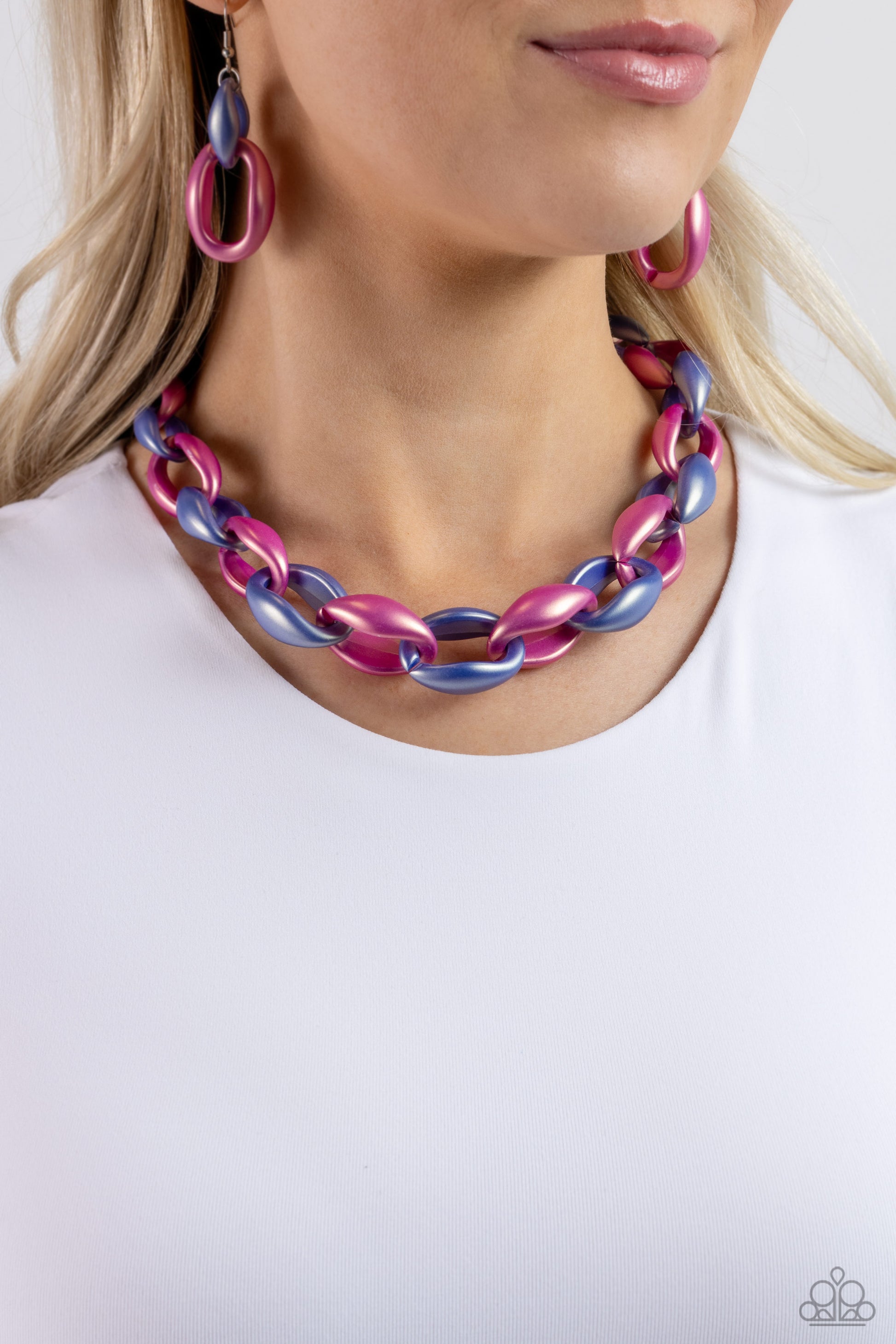 Paparazzi Accessories Statement Season - Multi Persian Jewel and Rose Violet concaved hoops gradually increase in size as they elongate towards the middle of the neckline for a colorful combination. Features an adjustable clasp closure. Sold as one indivi