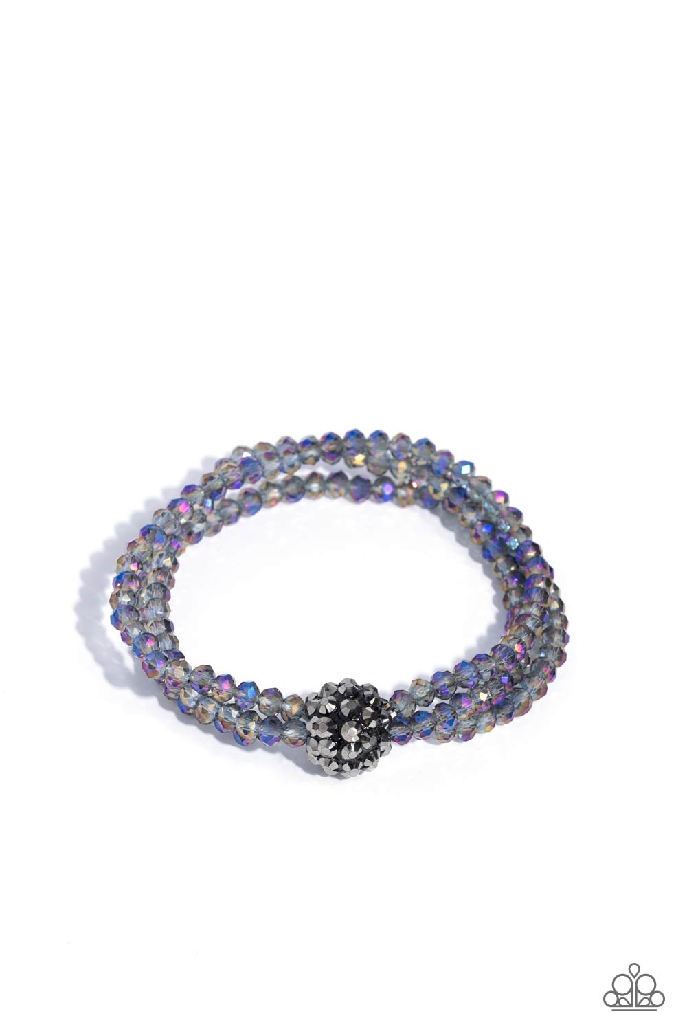Paparazzi Accessories Twisted Theme - Multi Featuring faceted finishes, oil spill beads are threaded along three stretchy bands around the wrist. Encrusted in gunmetal spiky-like details, an oversized ball twists at the center of the wrist for a fierce in