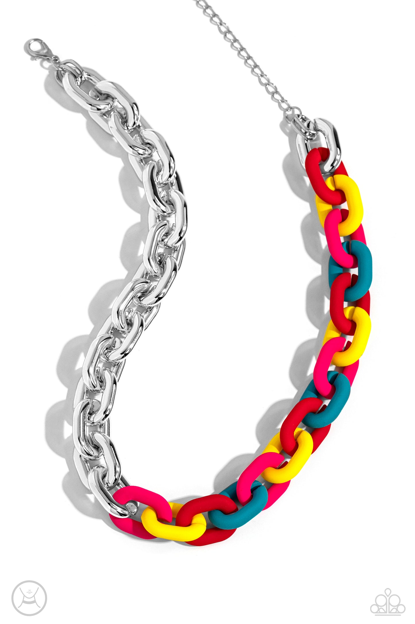 Paparazzi Accessories Contrasting Couture - Red A strand of oversized silver curb chain collides with red, High Visibility, turquoise, and Pink Peacock acrylic curb links to create an abstract blend of grit and color. The oversized links of the colored cu