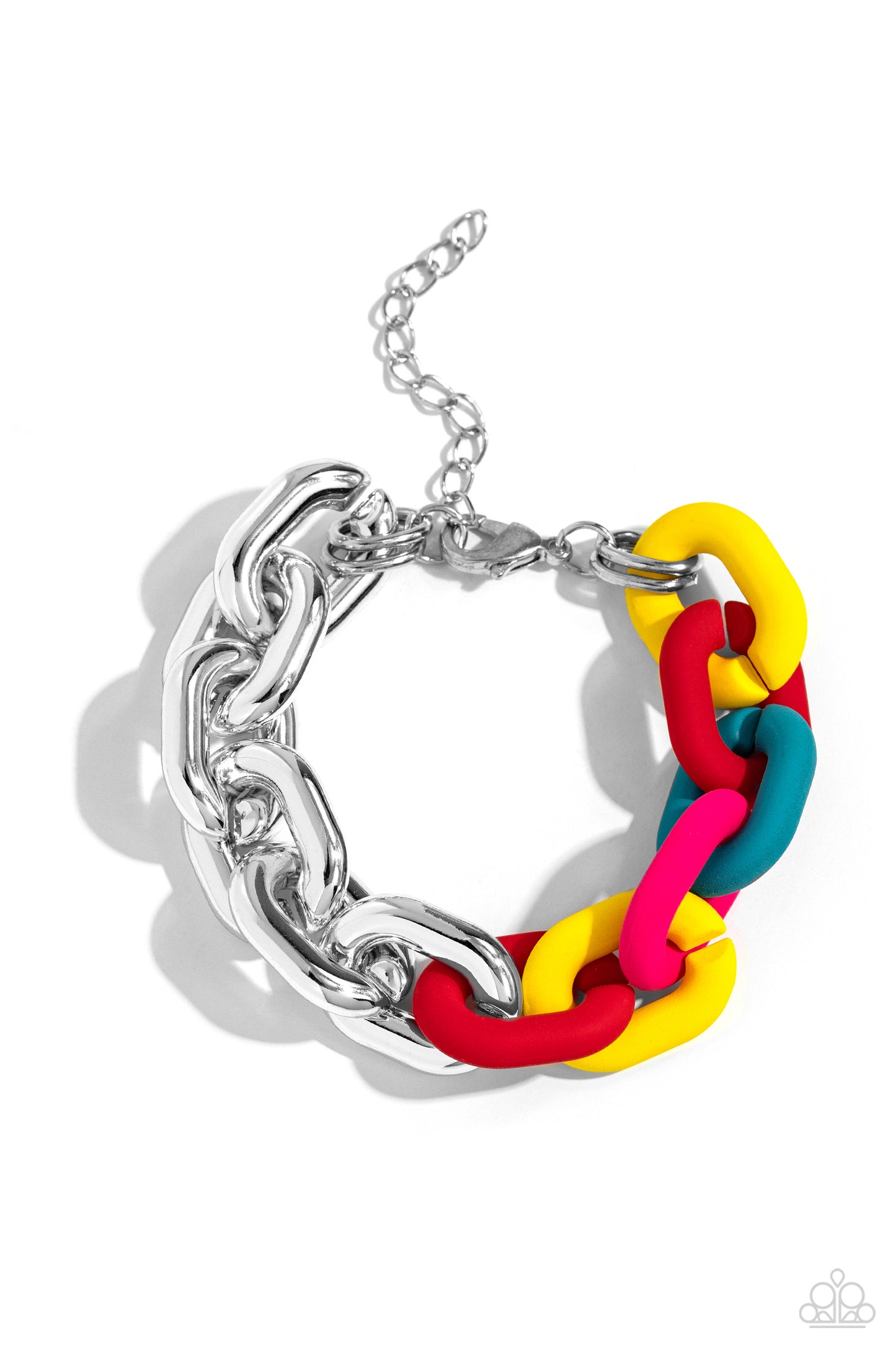 Paparazzi Accessories Candid Contrast - Red A strand of oversized silver curb chain collides with red, High Visibility, turquoise, and Pink Peacock acrylic curb links to create an abstract blend of grit and color. The oversized links of the colored curb c