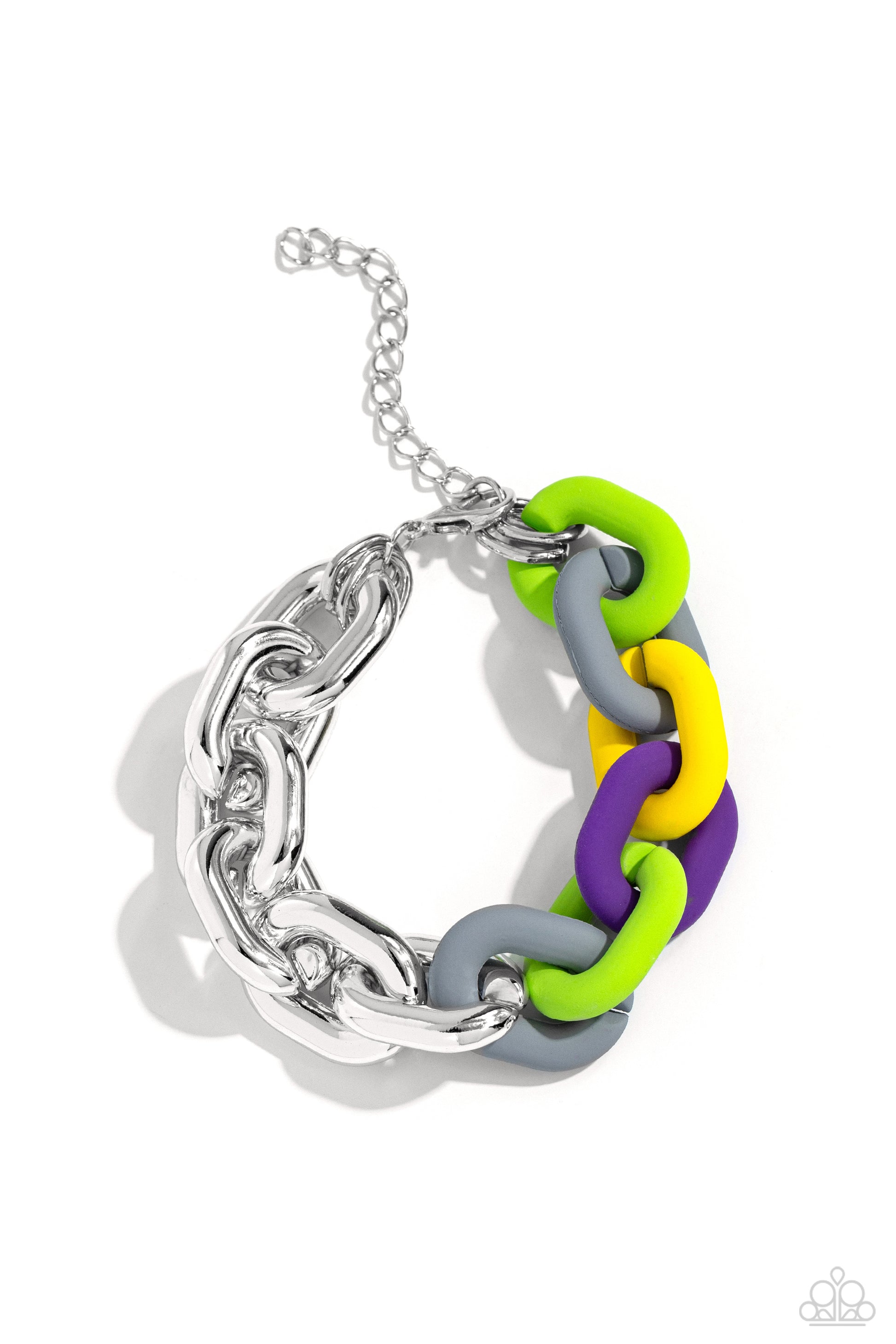 Paparazzi Accessories Candid Contrast - Silver A strand of oversized silver curb chain collides with purple, High Visibility, Kohlrabi, and Ultimate Gray acrylic curb links to create an abstract blend of grit and color. The oversized links of the colored