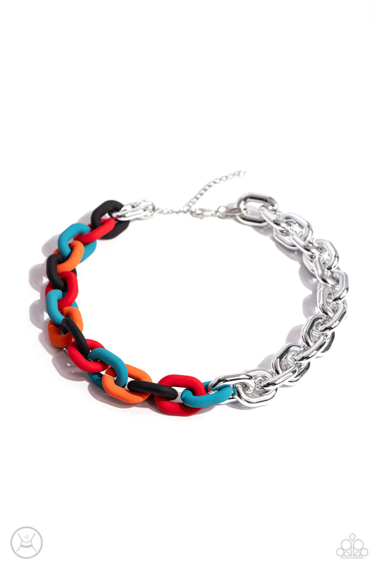 Paparazzi Accessories Contrasting Couture - Black A strand of oversized silver curb chain collides with black, red, turquoise, and orange acrylic curb links to create an abstract blend of grit and color. The oversized links of the colored curb chain offse