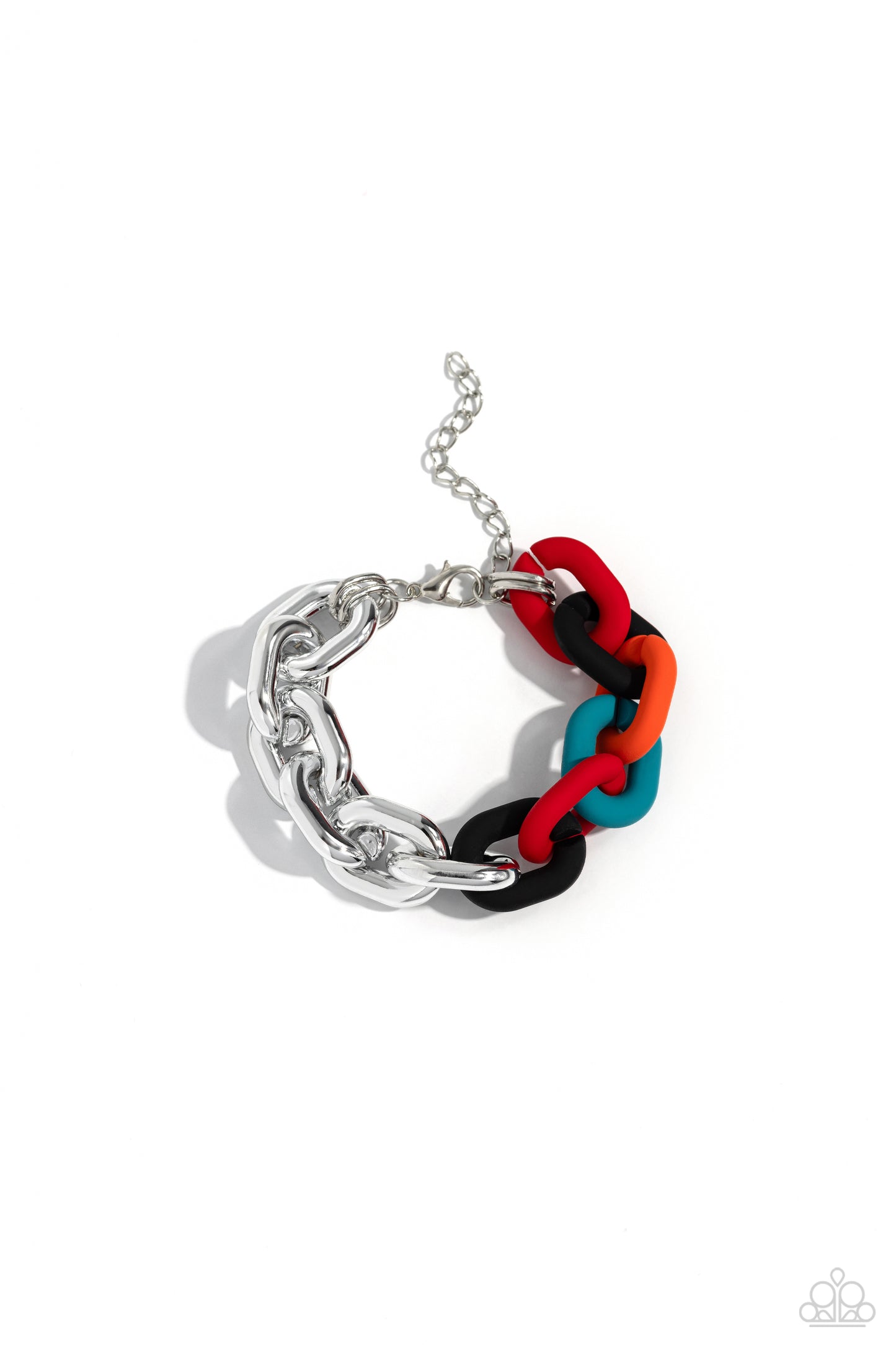 Paparazzi Accessories Candid Contrast - Black A strand of oversized silver curb chain collides with black, red, turquoise, and orange acrylic curb links to create an abstract blend of grit and color. The oversized links of the colored curb chain offset th