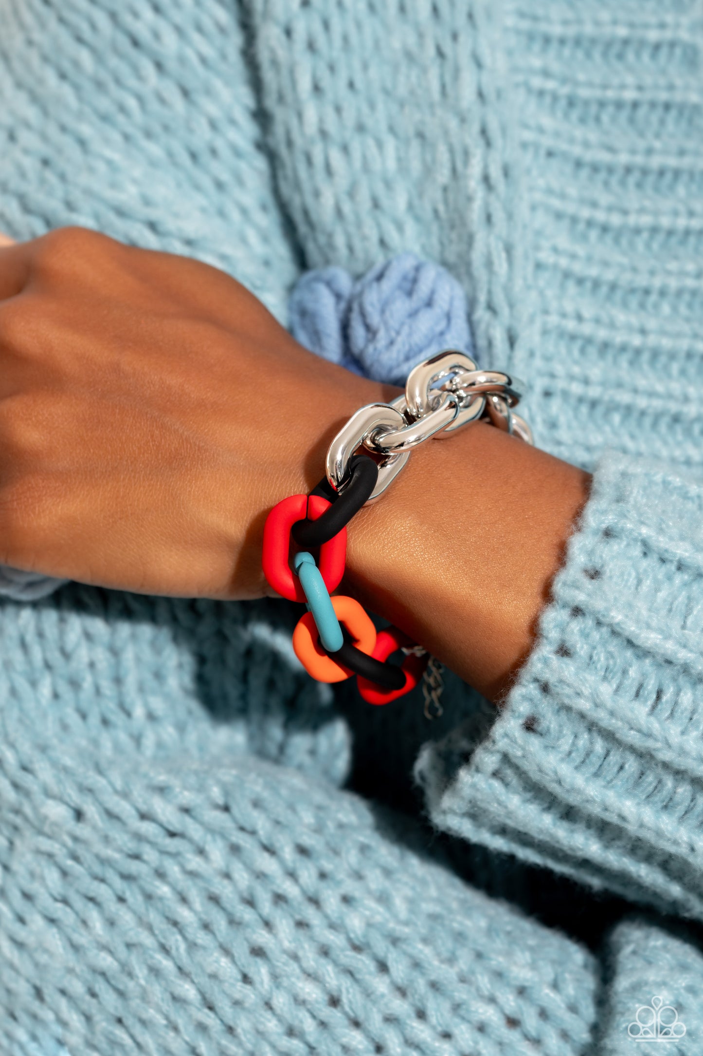 Paparazzi Accessories Candid Contrast - Black A strand of oversized silver curb chain collides with black, red, turquoise, and orange acrylic curb links to create an abstract blend of grit and color. The oversized links of the colored curb chain offset th