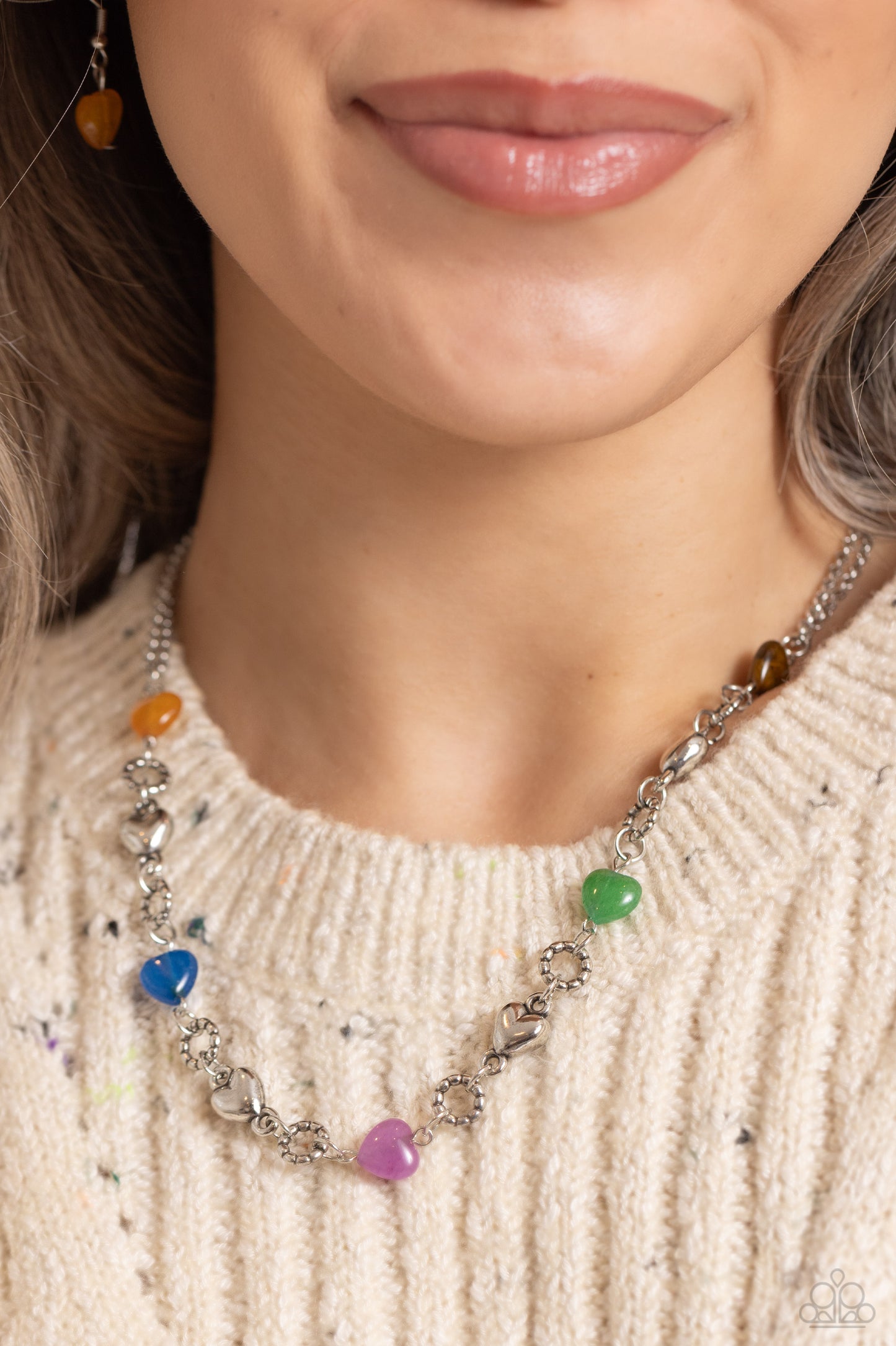 Paparazzi Accessories My HEARTBEAT Will Go On - Multi Heart-shaped lapis, jade, amethyst, tiger's eye, and orange stones and sleek silver hearts alternate along the neckline from a double strand of shimmery silver chains. Bubbly textured silver rings sepa