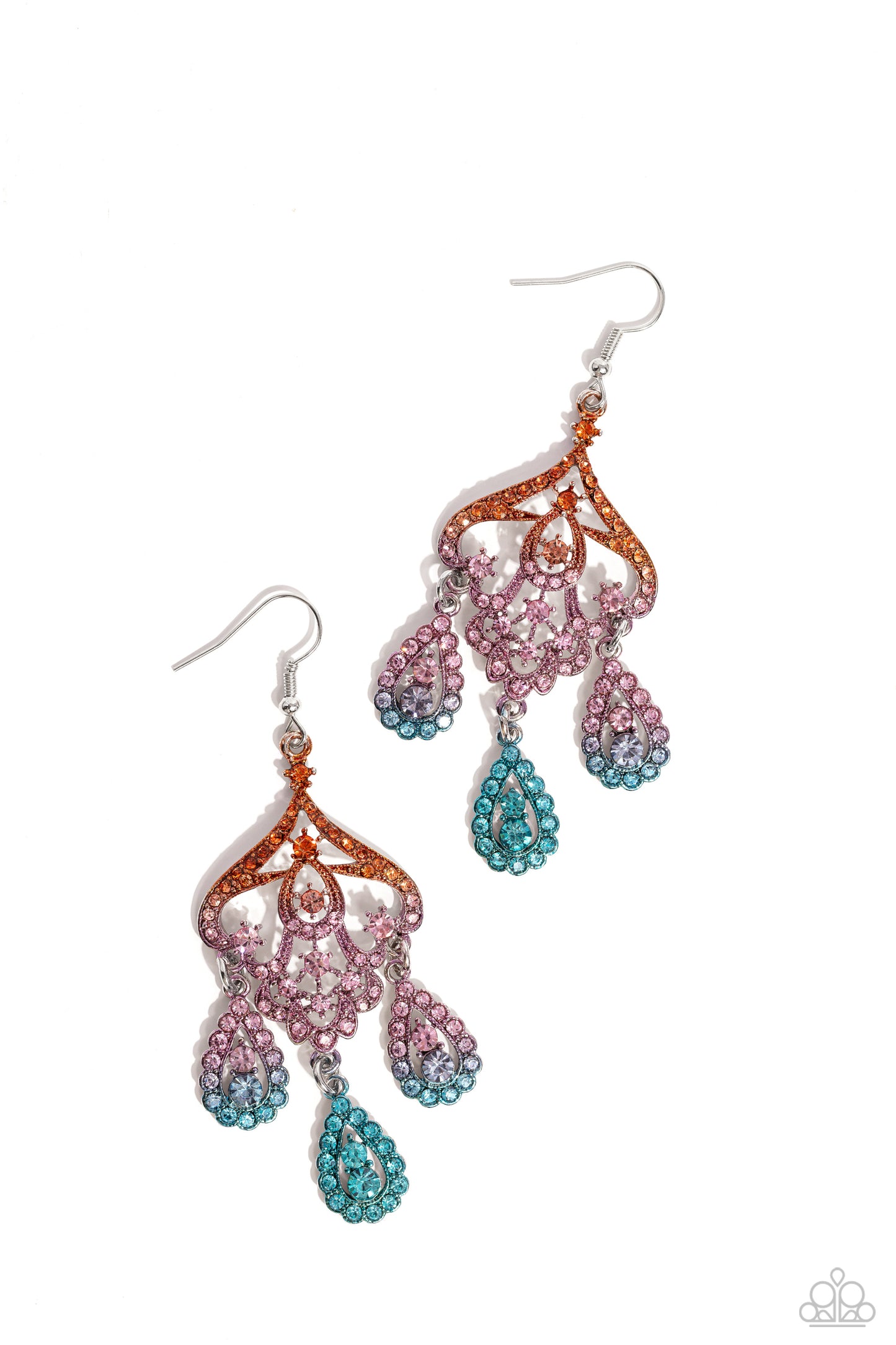 Paparazzi Accessories Chandelier Command - Multi Three rhinestone-encrusted teardrops drip from the bottom of an ornate decorative frame, creating an elegant fringe. The decorative frame swirls with ombré rhinestones that go from orange to pink to blue sh